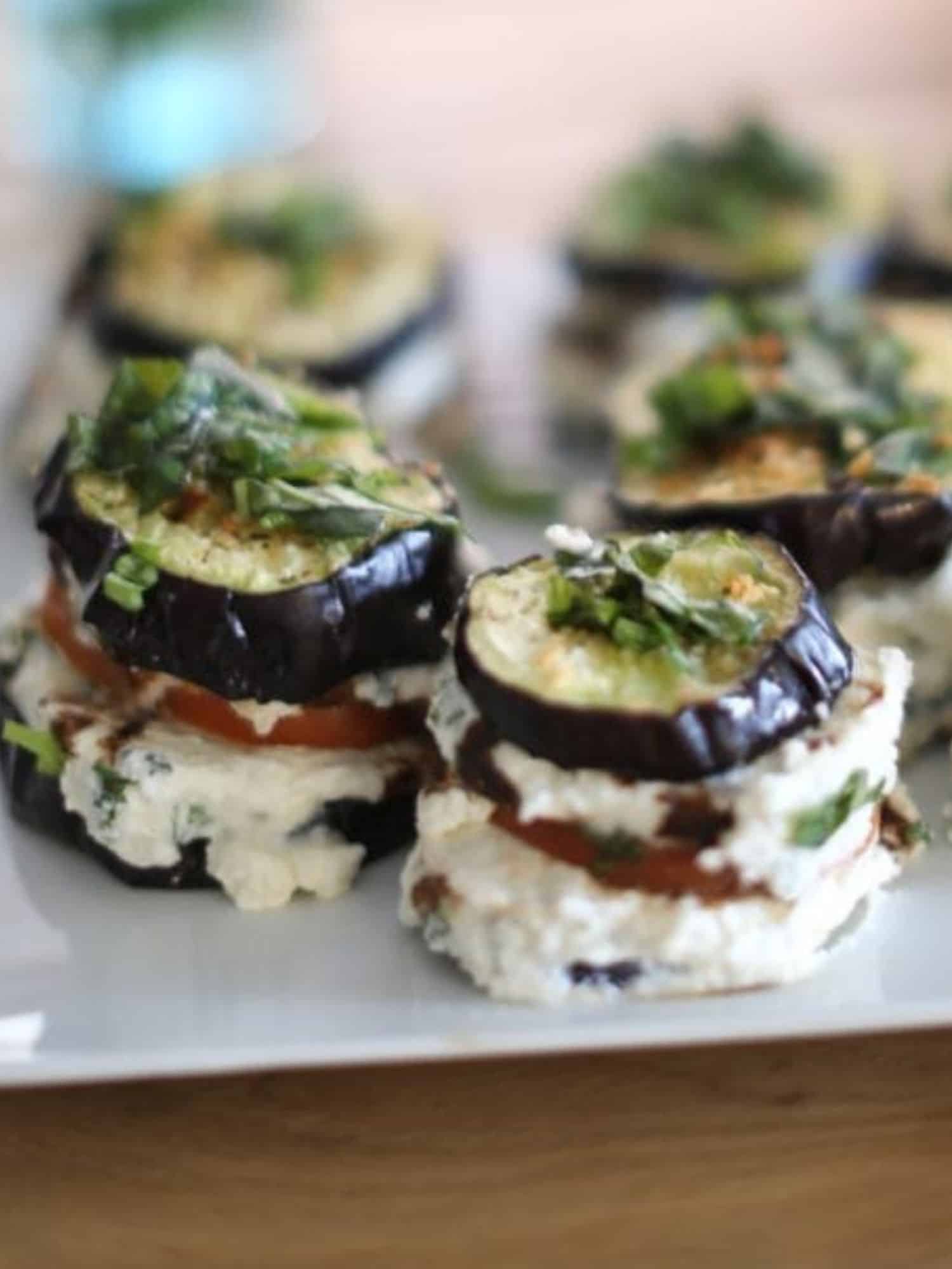 eggplant stacks on a white plate