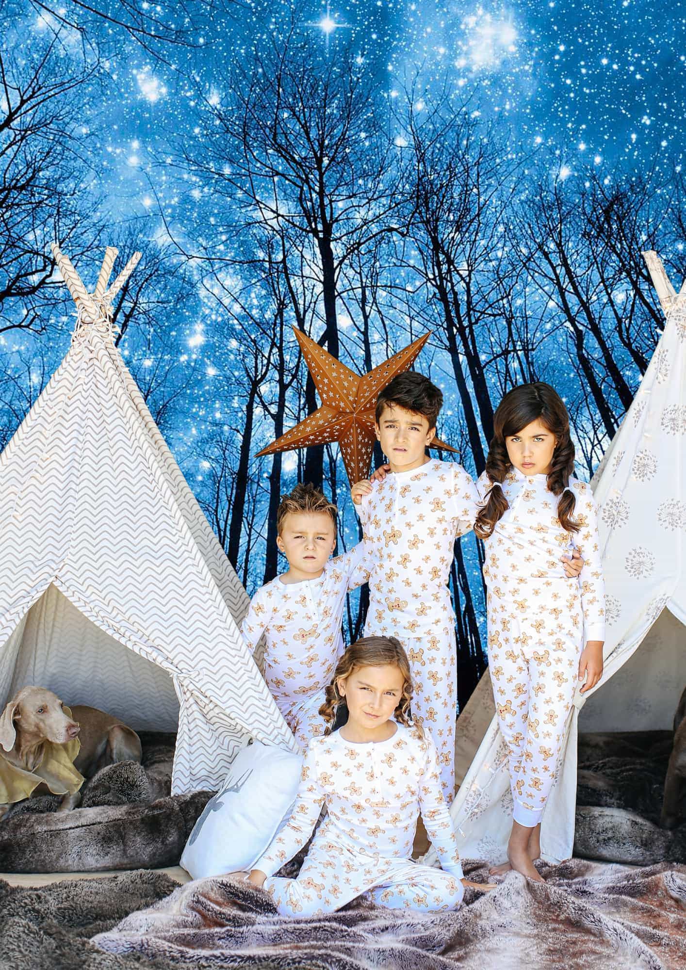 kids and dog in teepees with night sky background