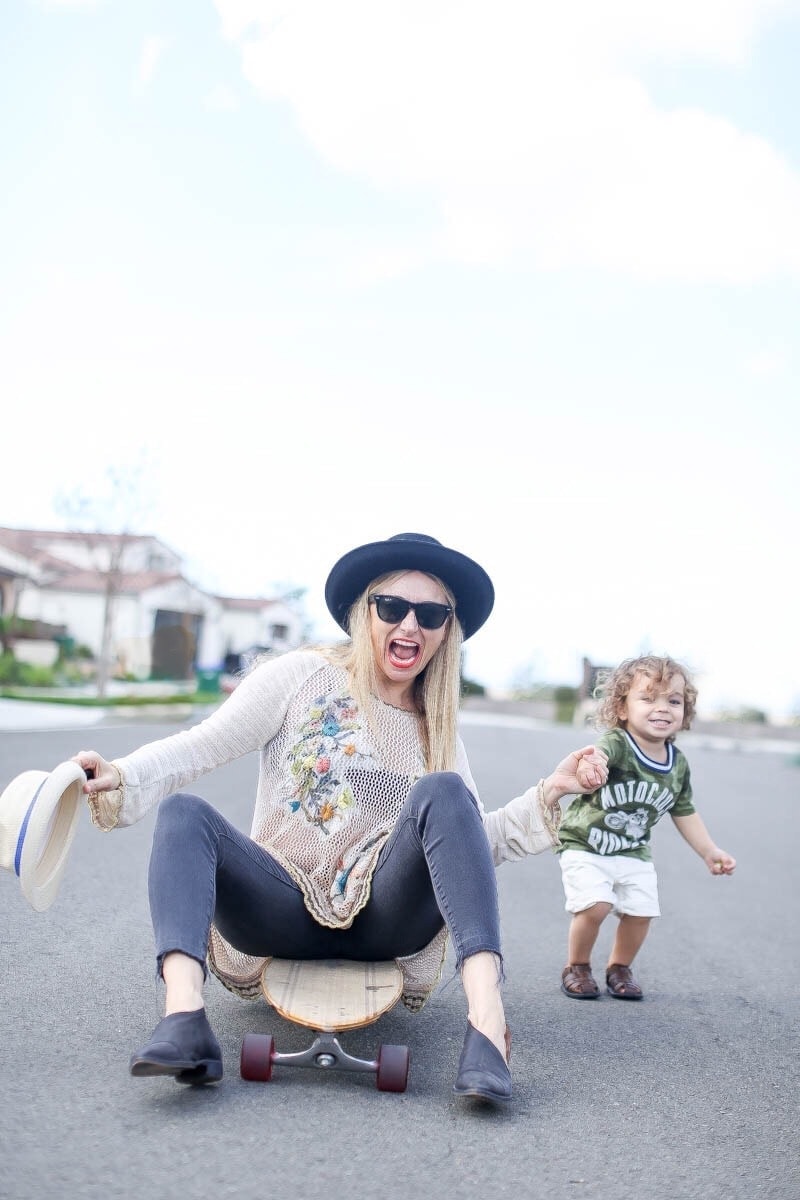 mom and son skateboarding