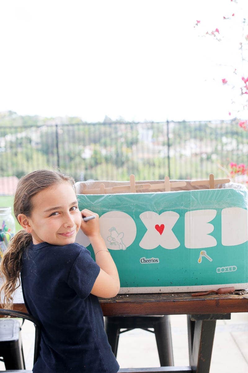 Girl decorating the Boxed mini garden for saving bees