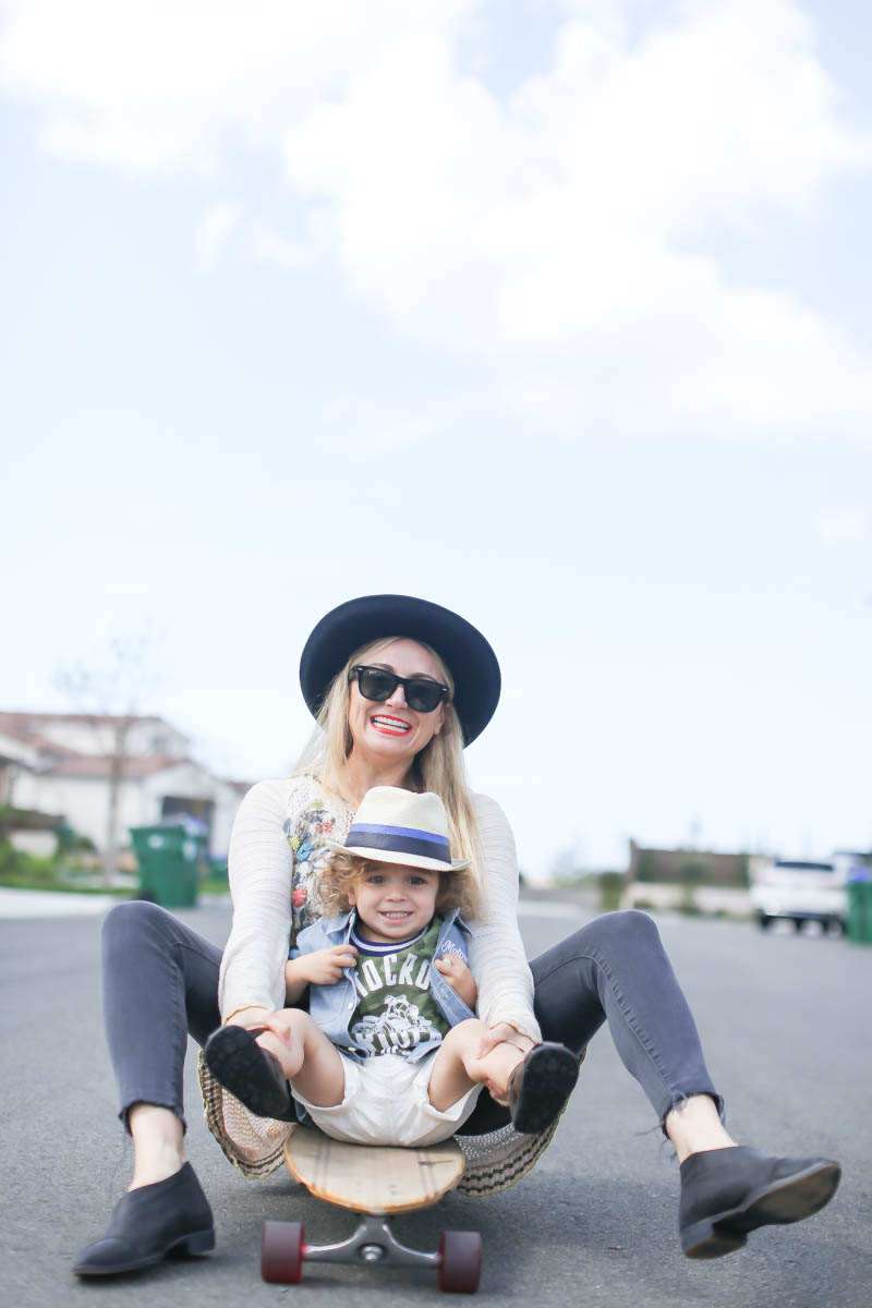 mom and son skateboarding