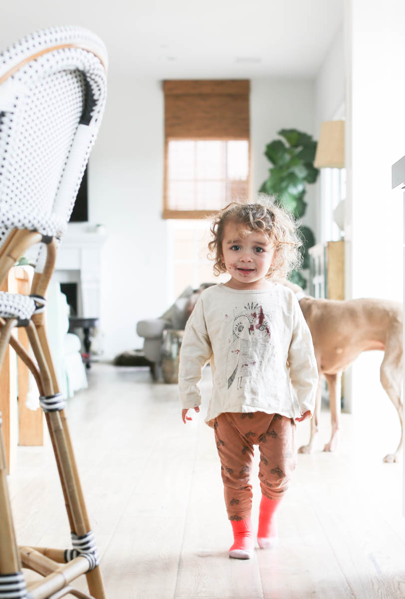 toddler with dog in background