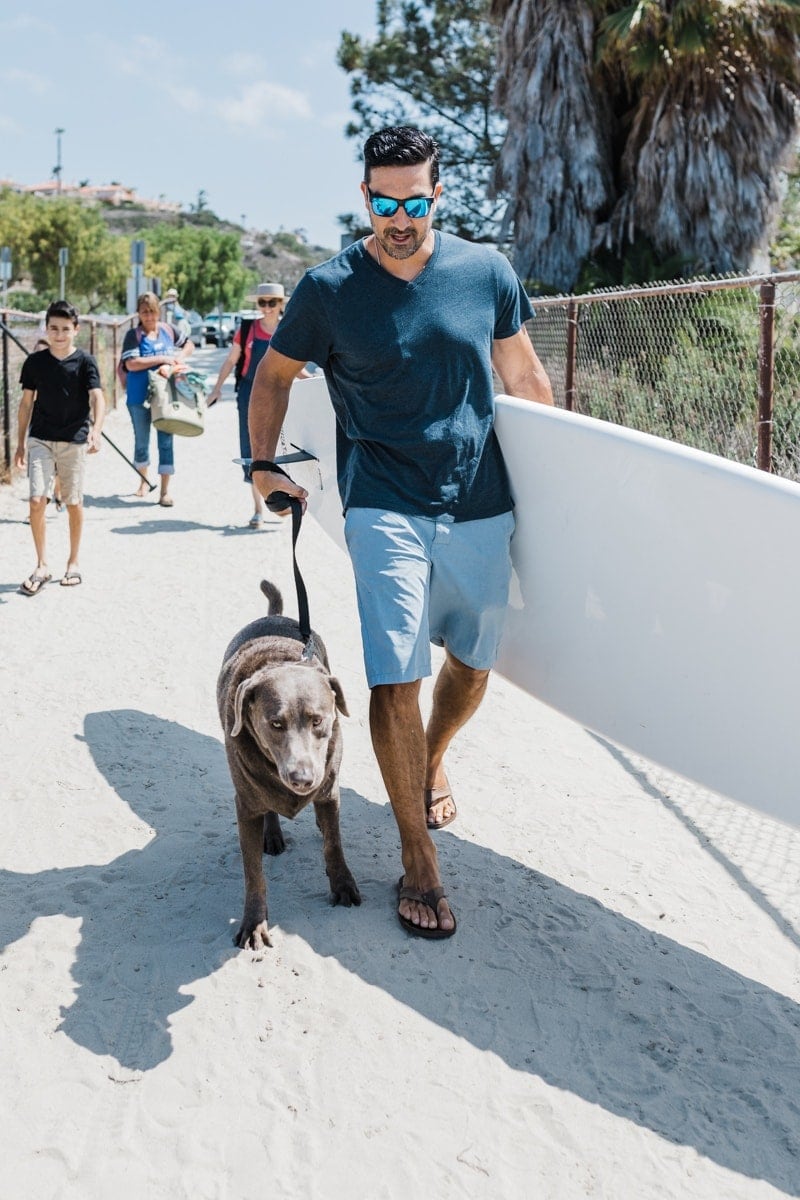 Dad Holding a Surfing Board and a Dog #royalcanin #dog #dogfood #labrador #citygirlgonemom #Weimaraner