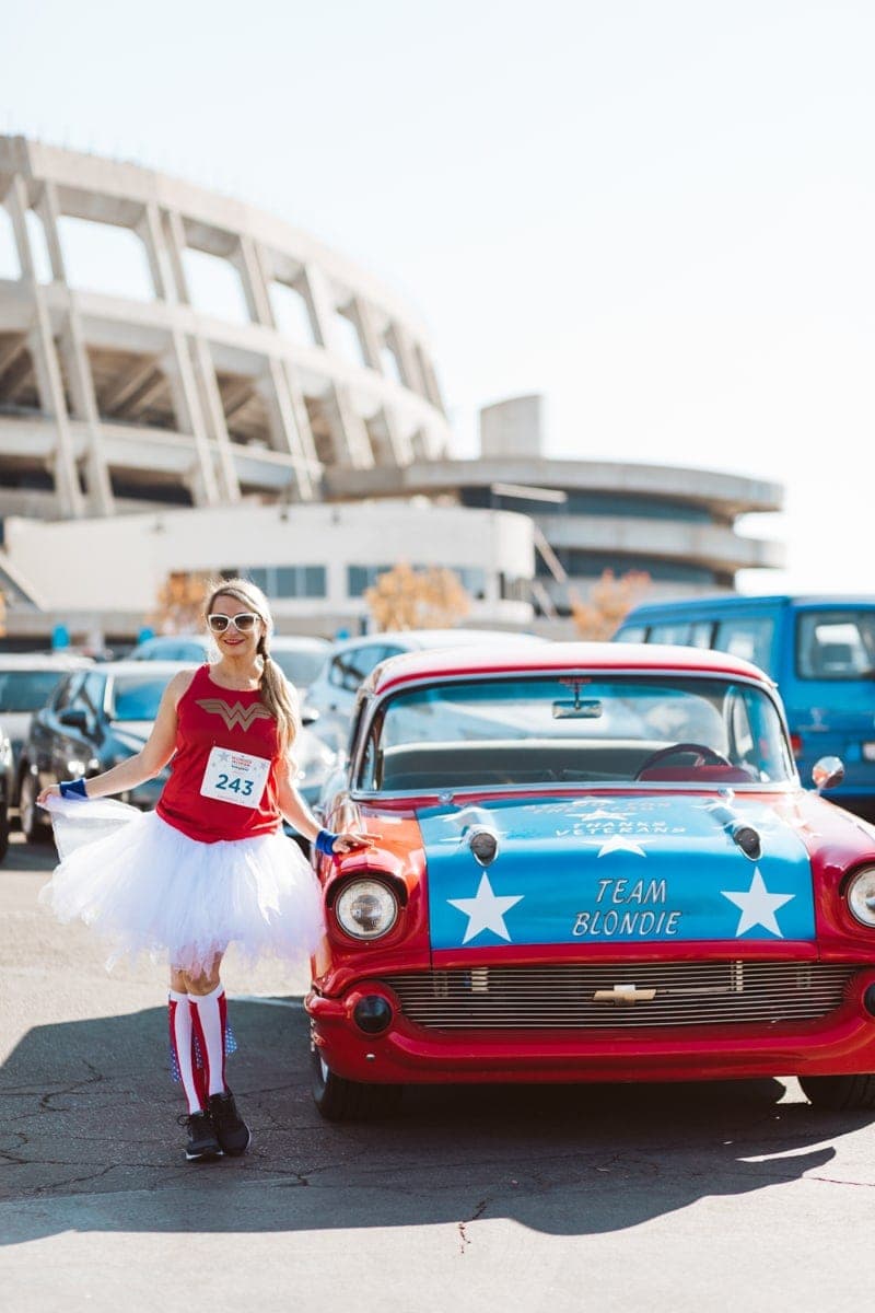 blonde girl and vintage car