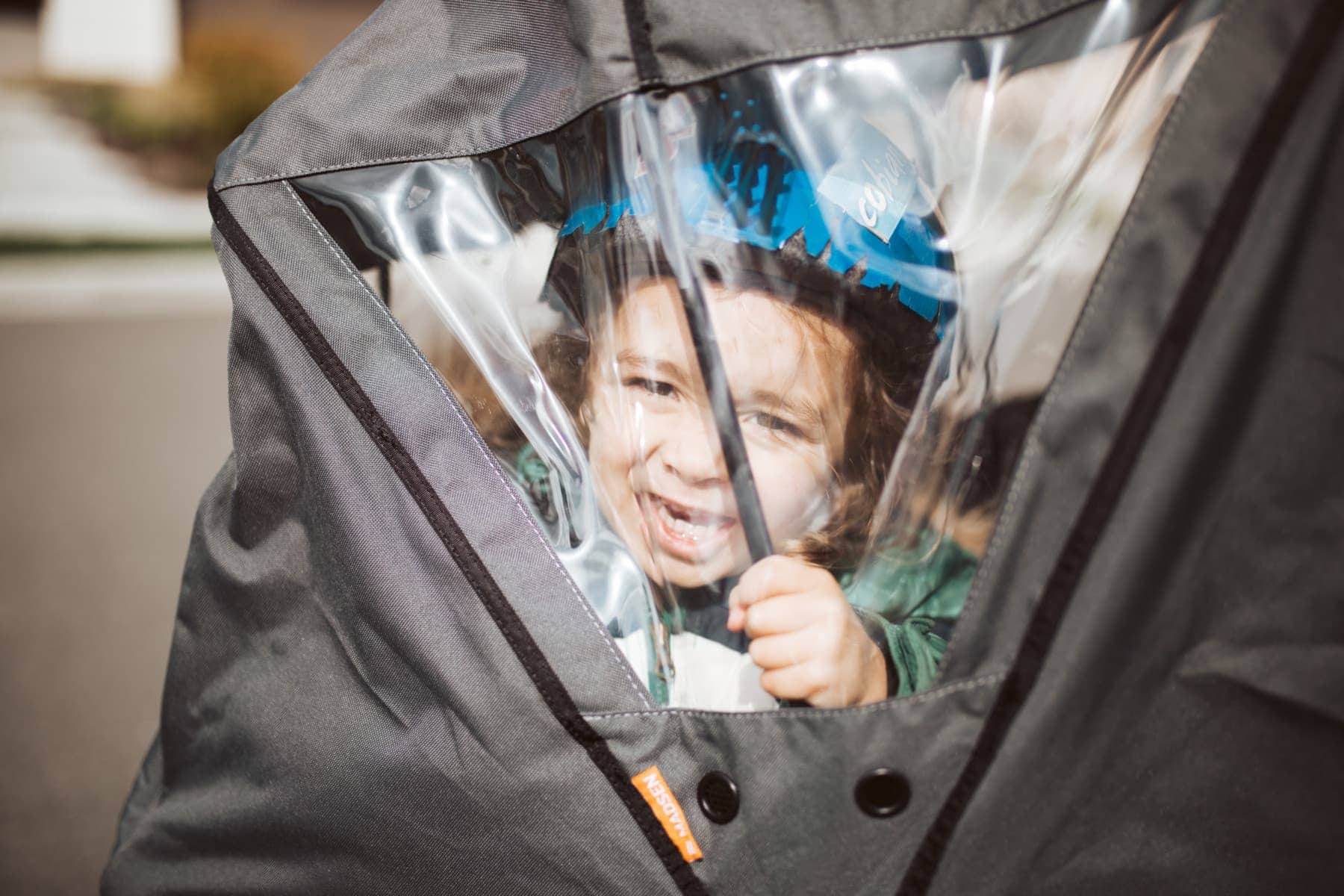 child in bucket bike