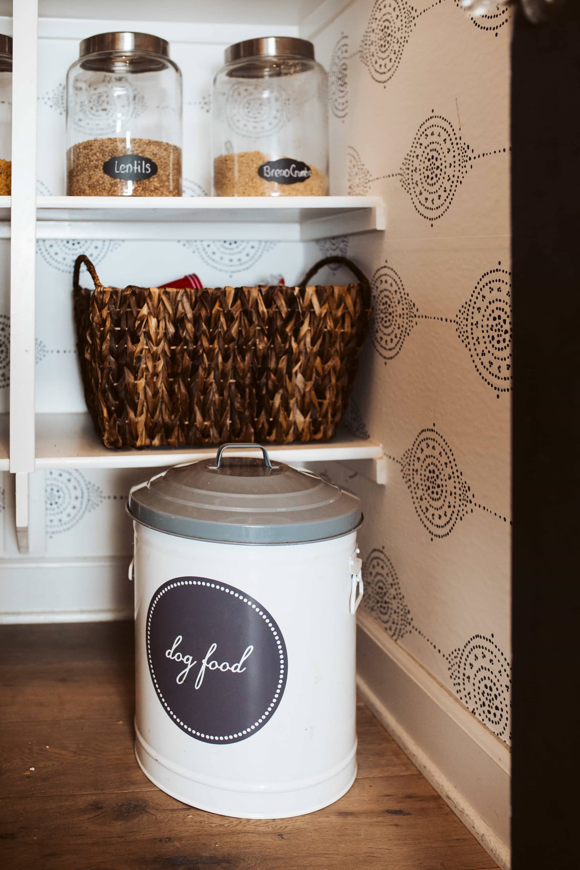 pantry organization with jars and baskets