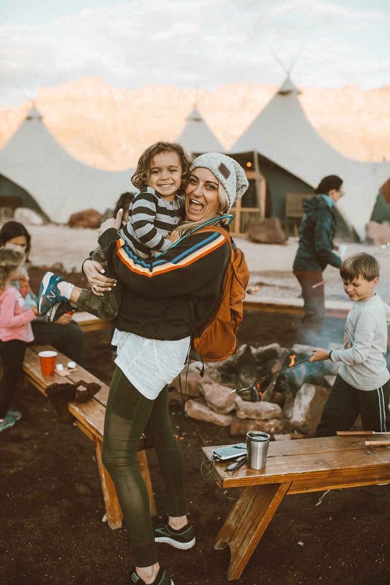 camping mother and child