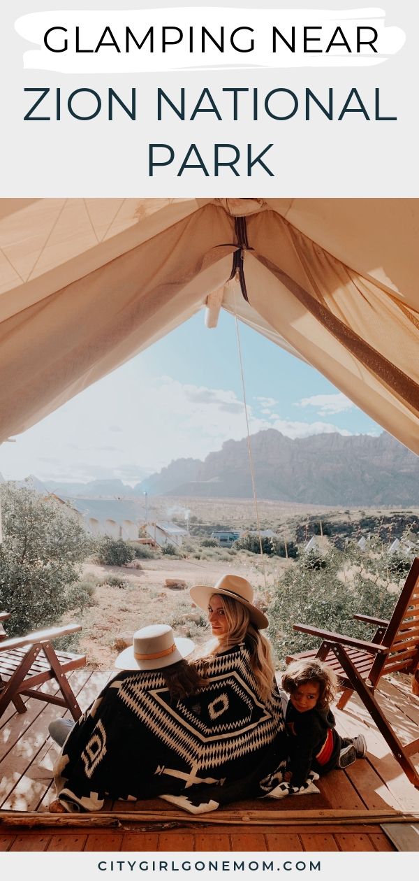 mom and kids in glamping tent