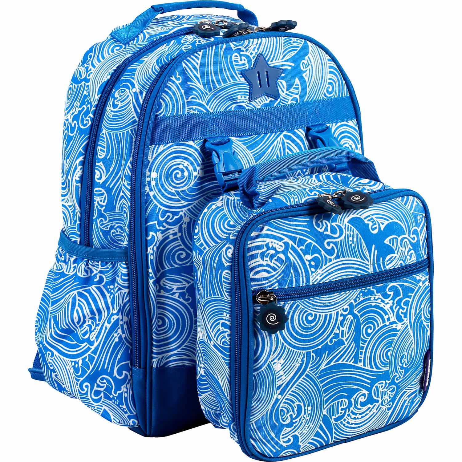 blue backpack and lunch bag