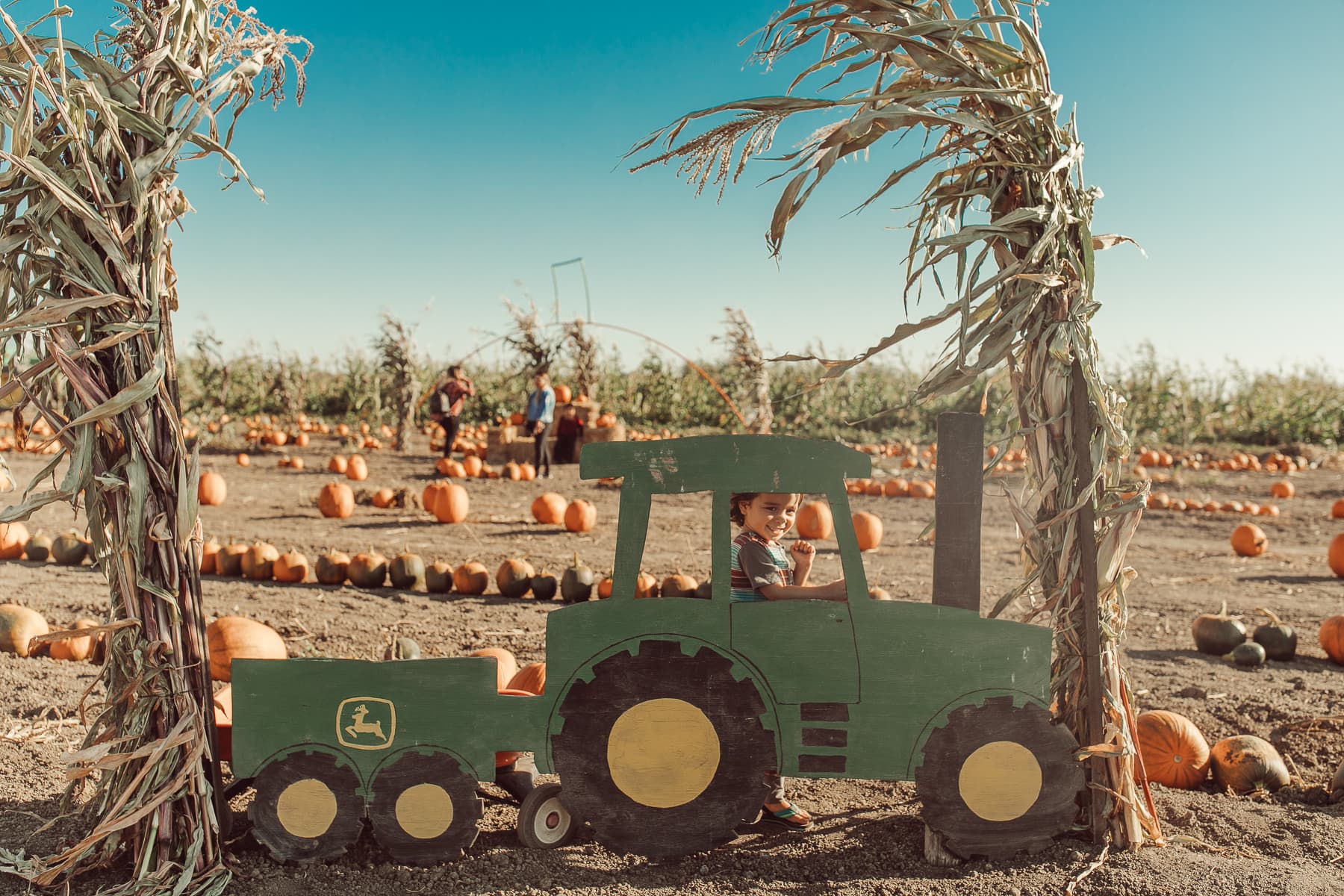 boy in tractor at pumpkin patch