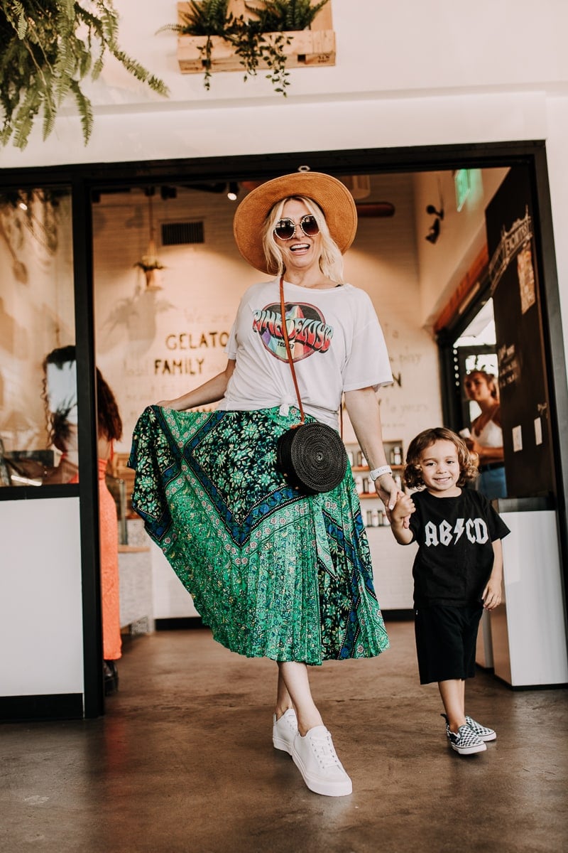 mom and toddler walking