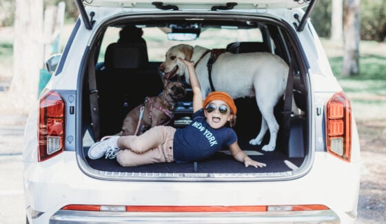 boy dancing in back of suv