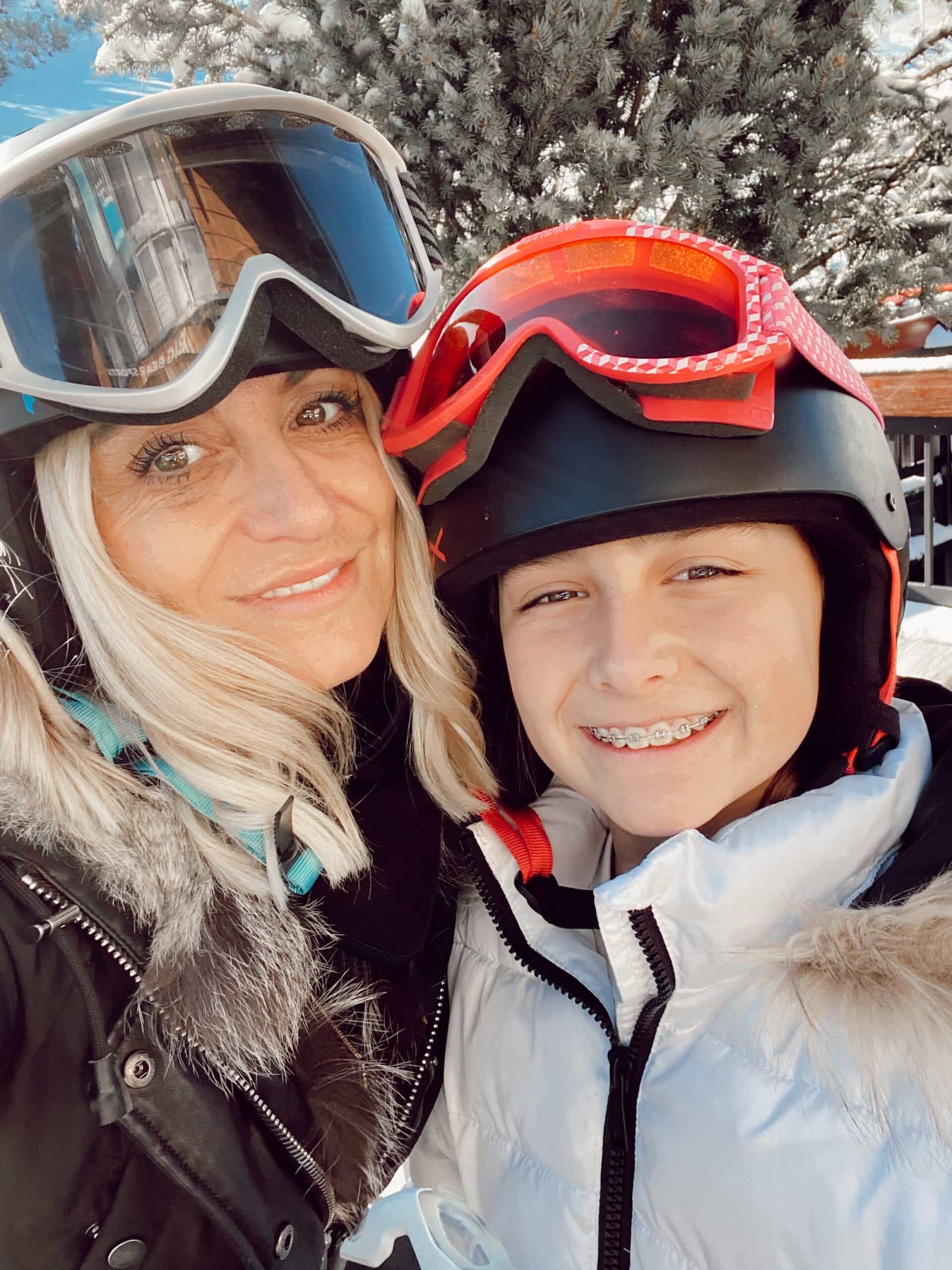 mom and daughter skiing