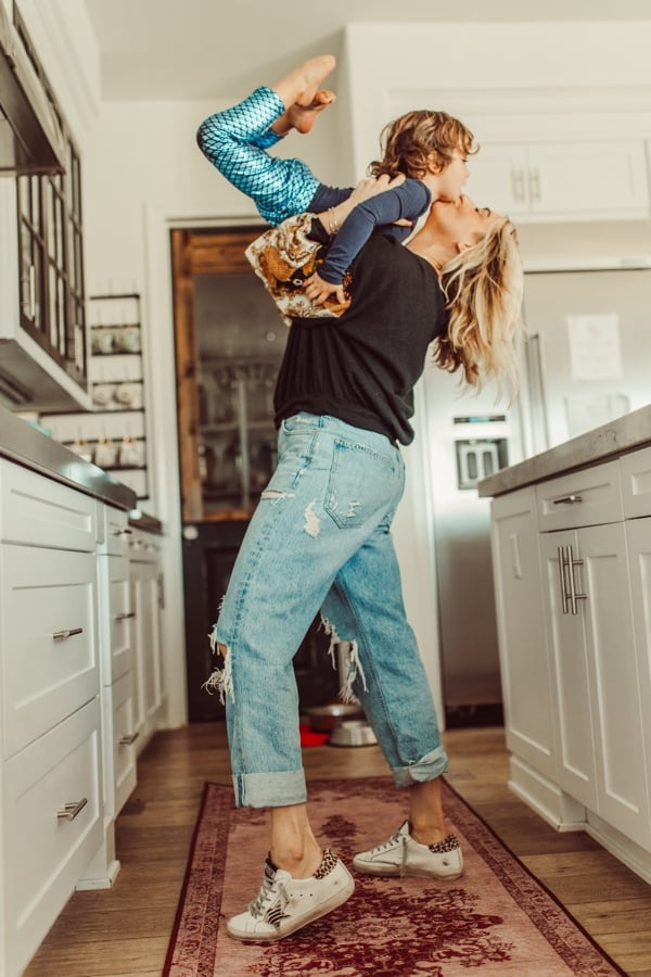 mom and baby dancing in kitchen