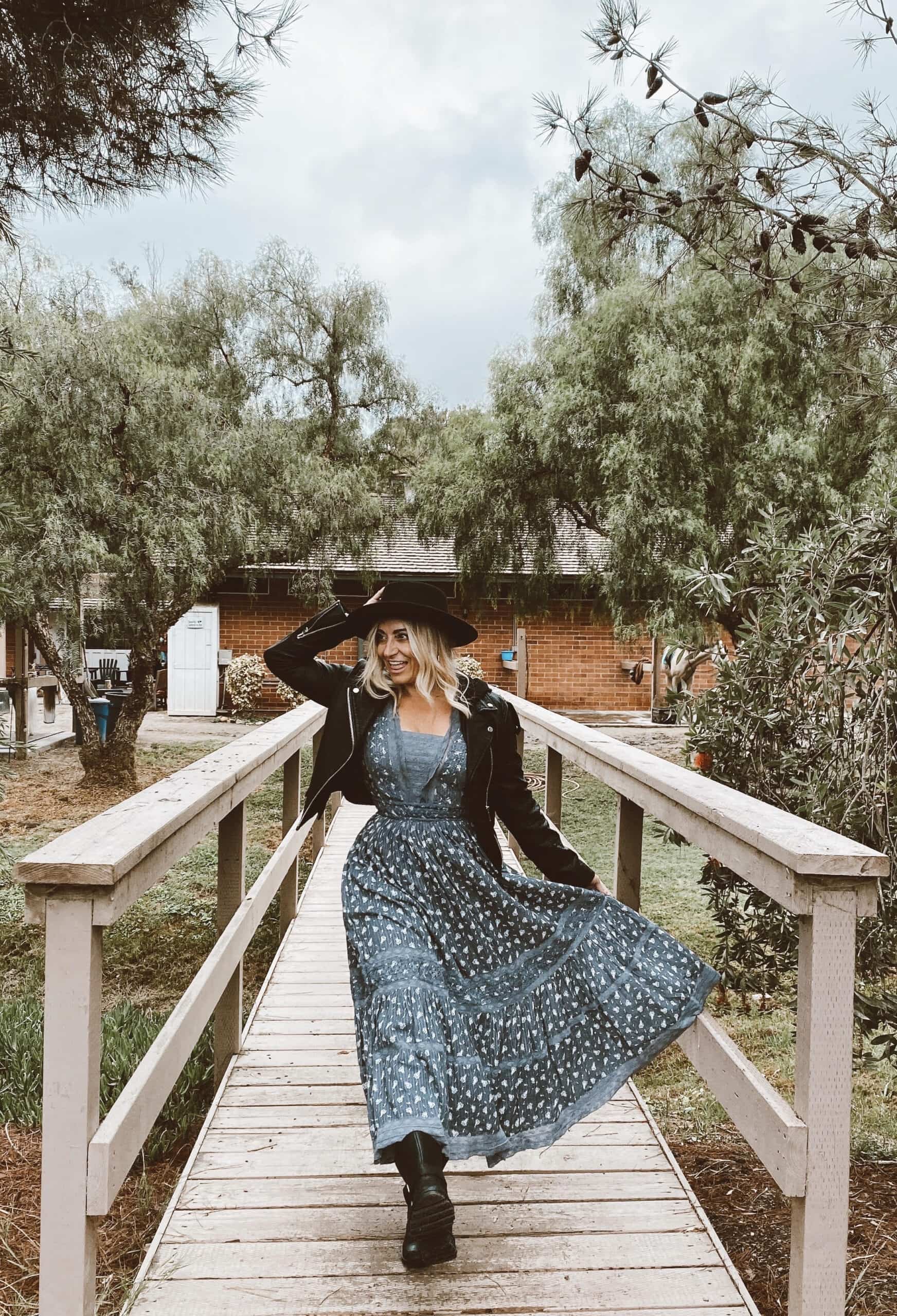 woman walking on bridge