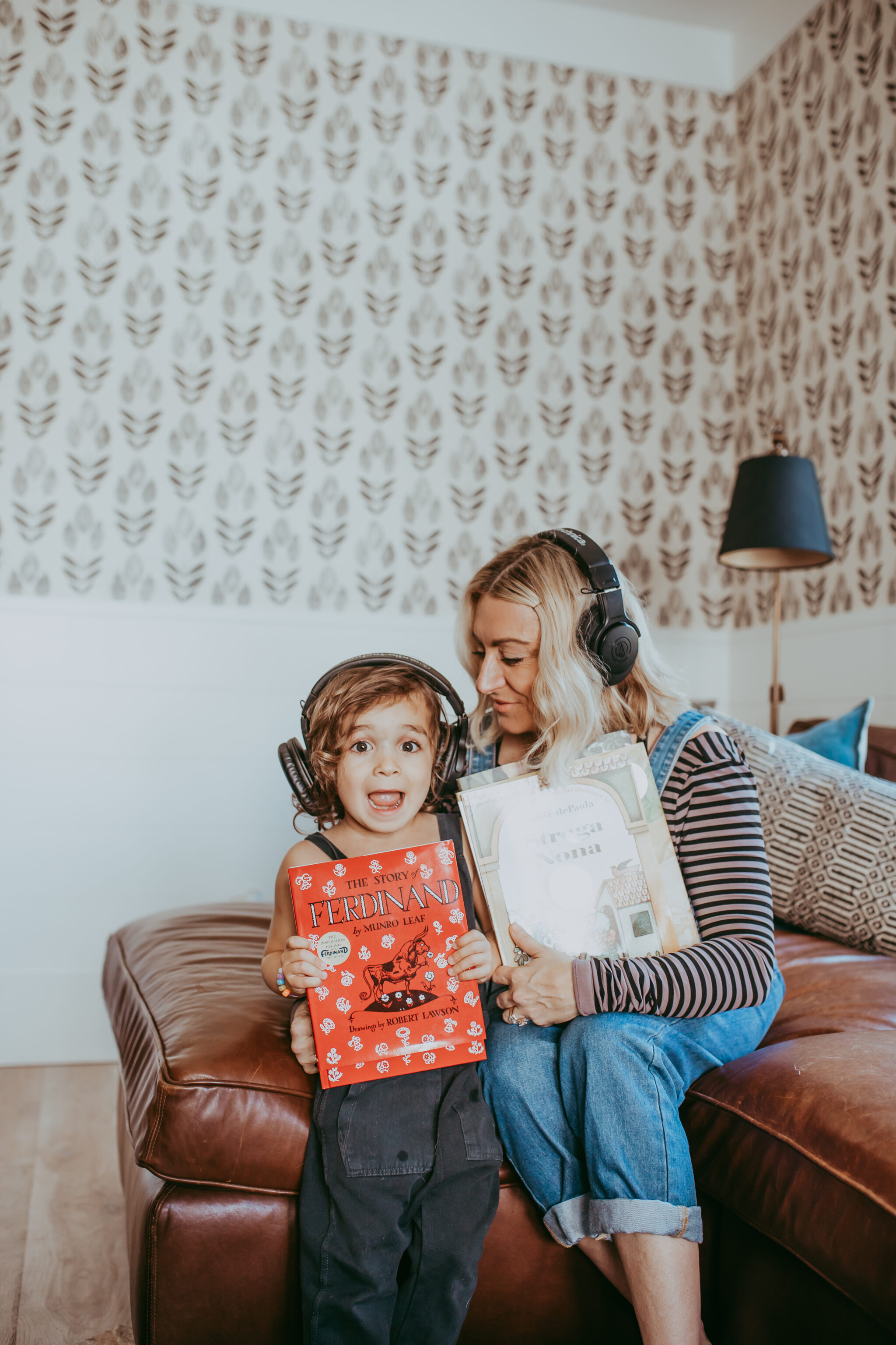 mom and son listening to books