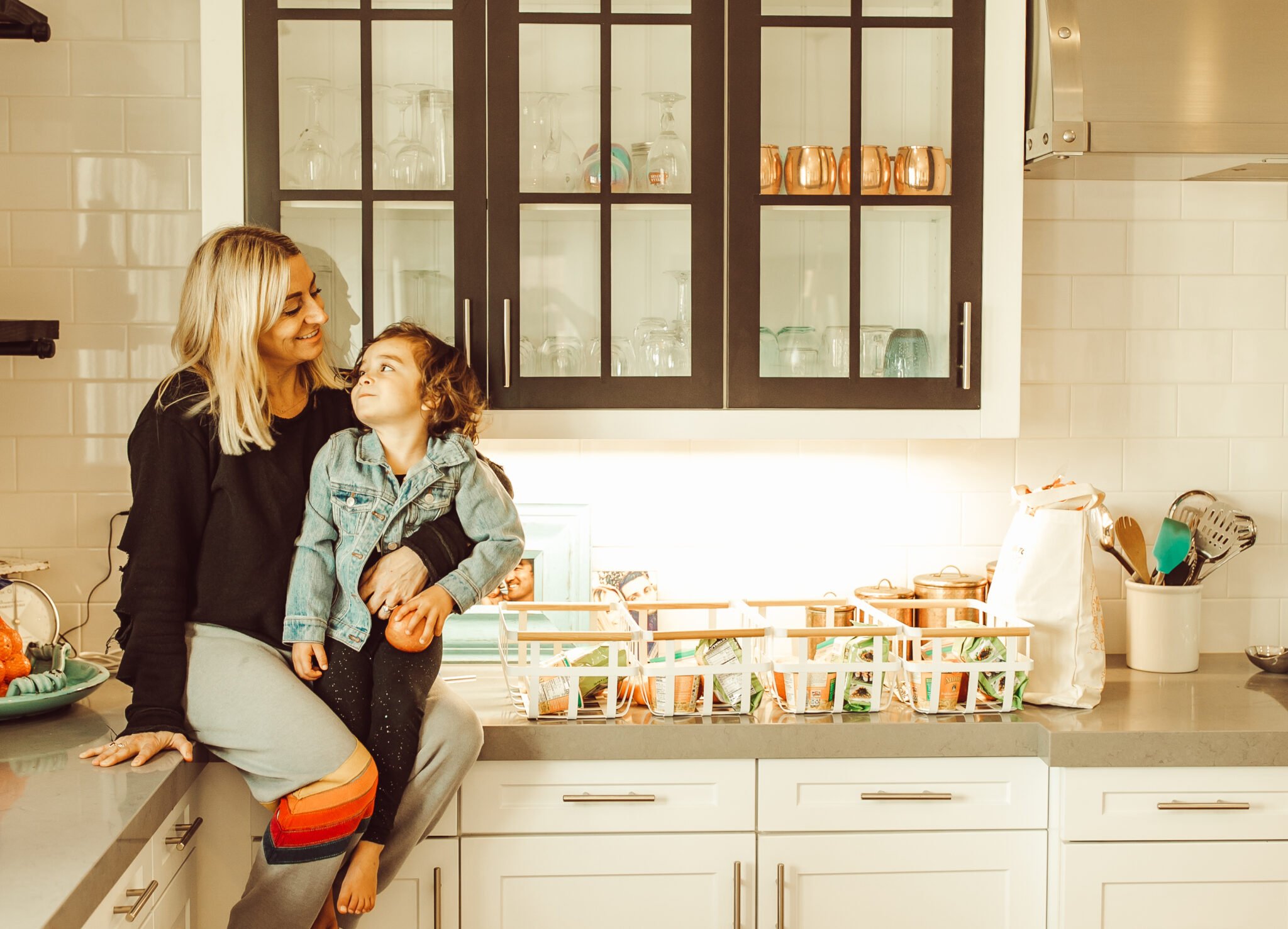 mom and toddler in kitchen