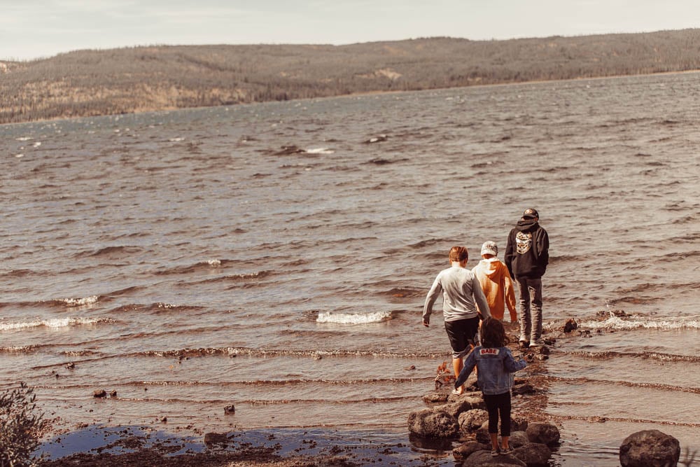 kids walking at the lake