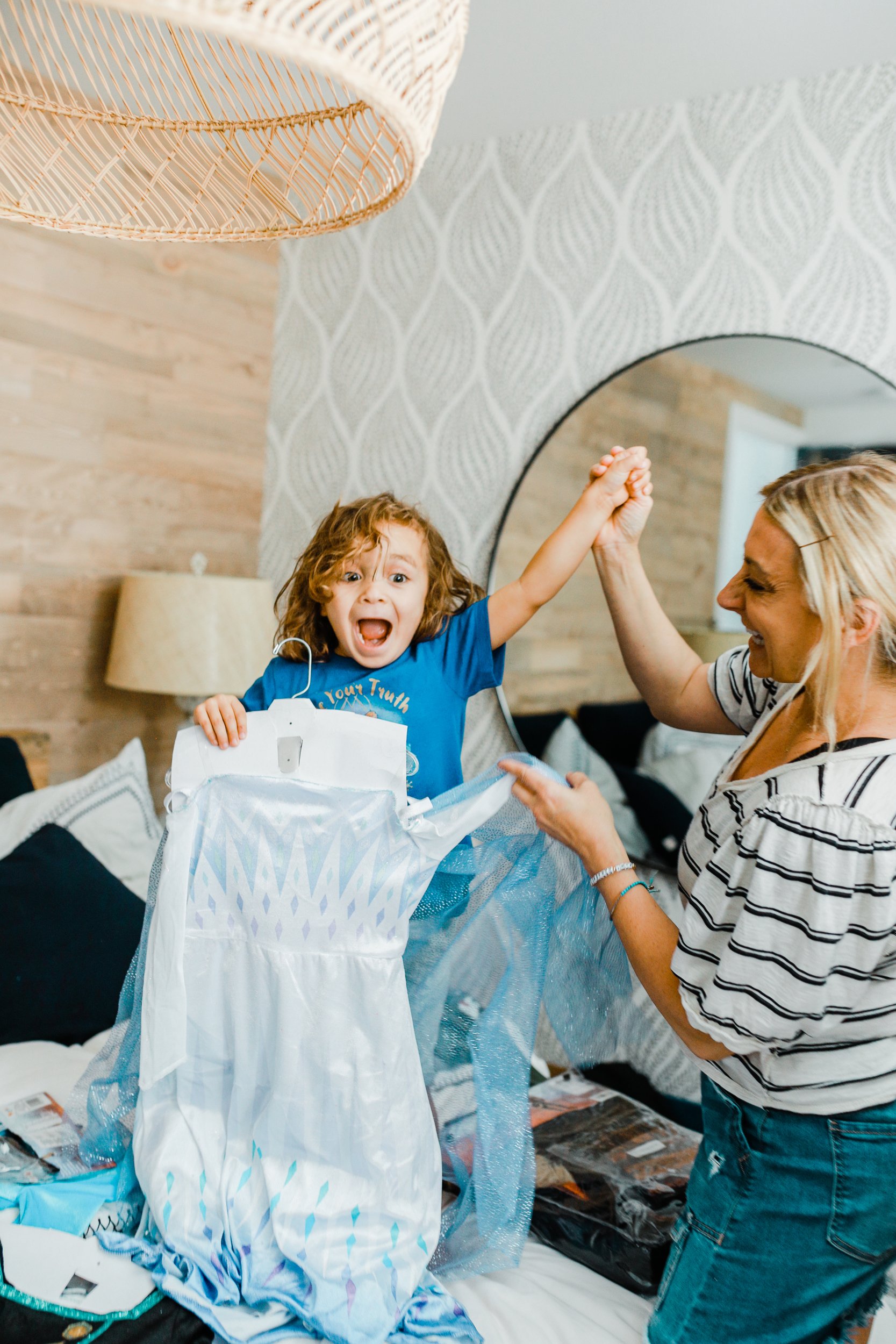 mom and son playing dress up