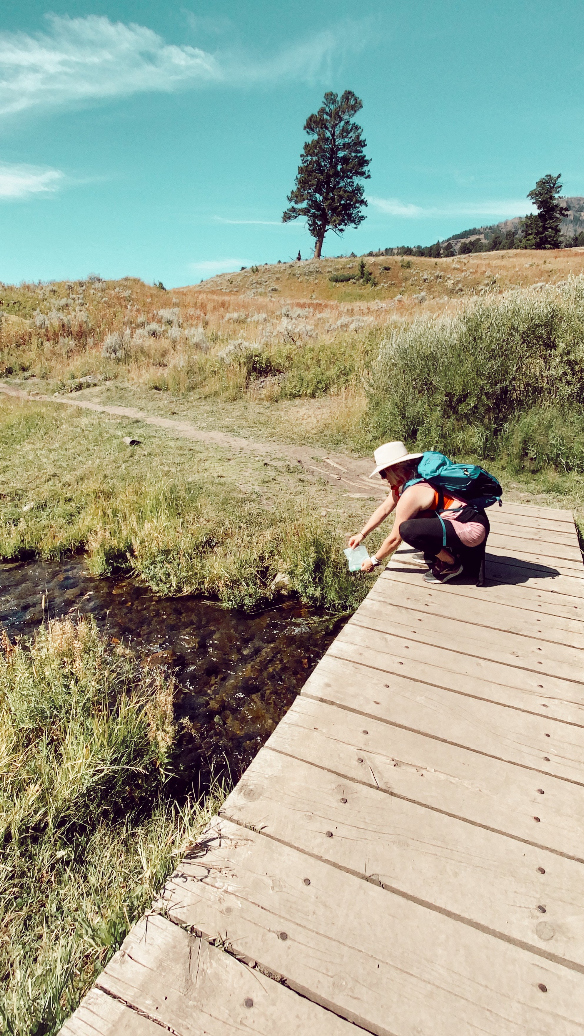 woman spreading ashes in stream