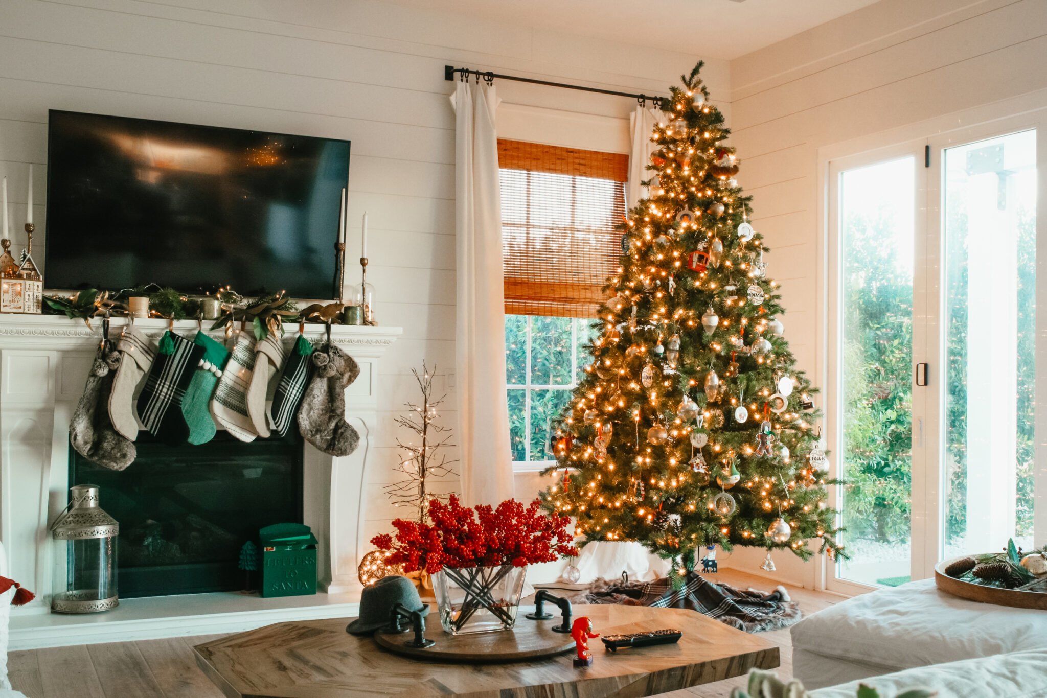 living room decorated for christmas