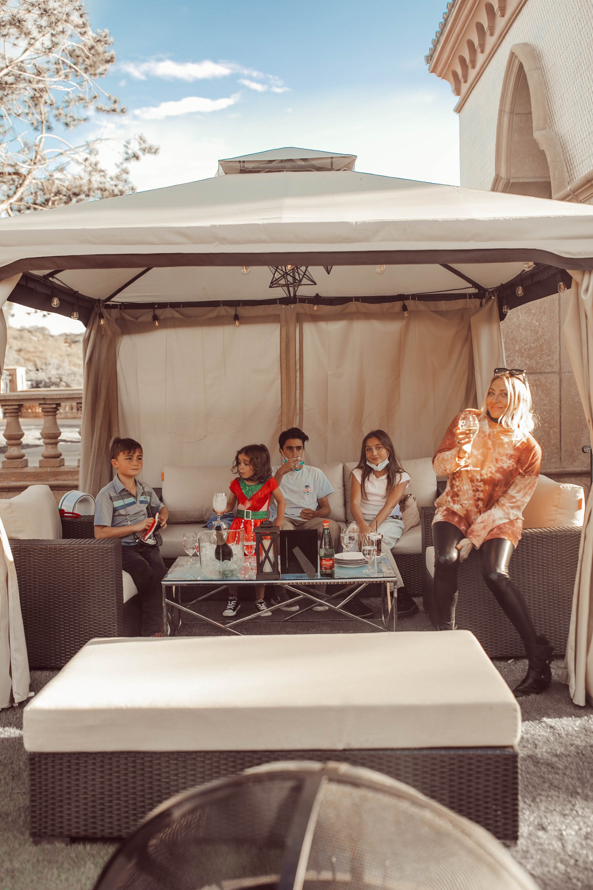 family in a cabana