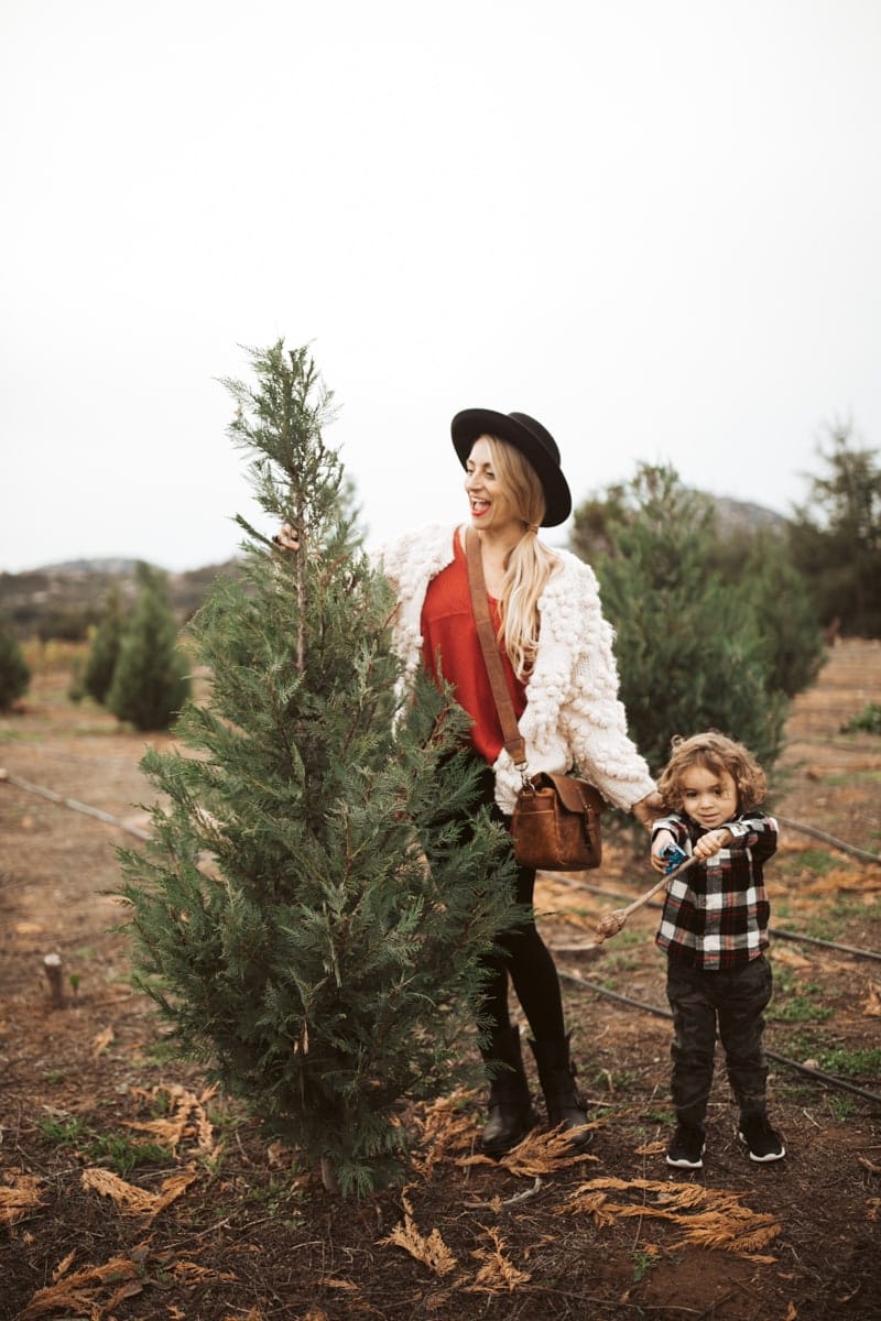 mom and son picking christmas tree