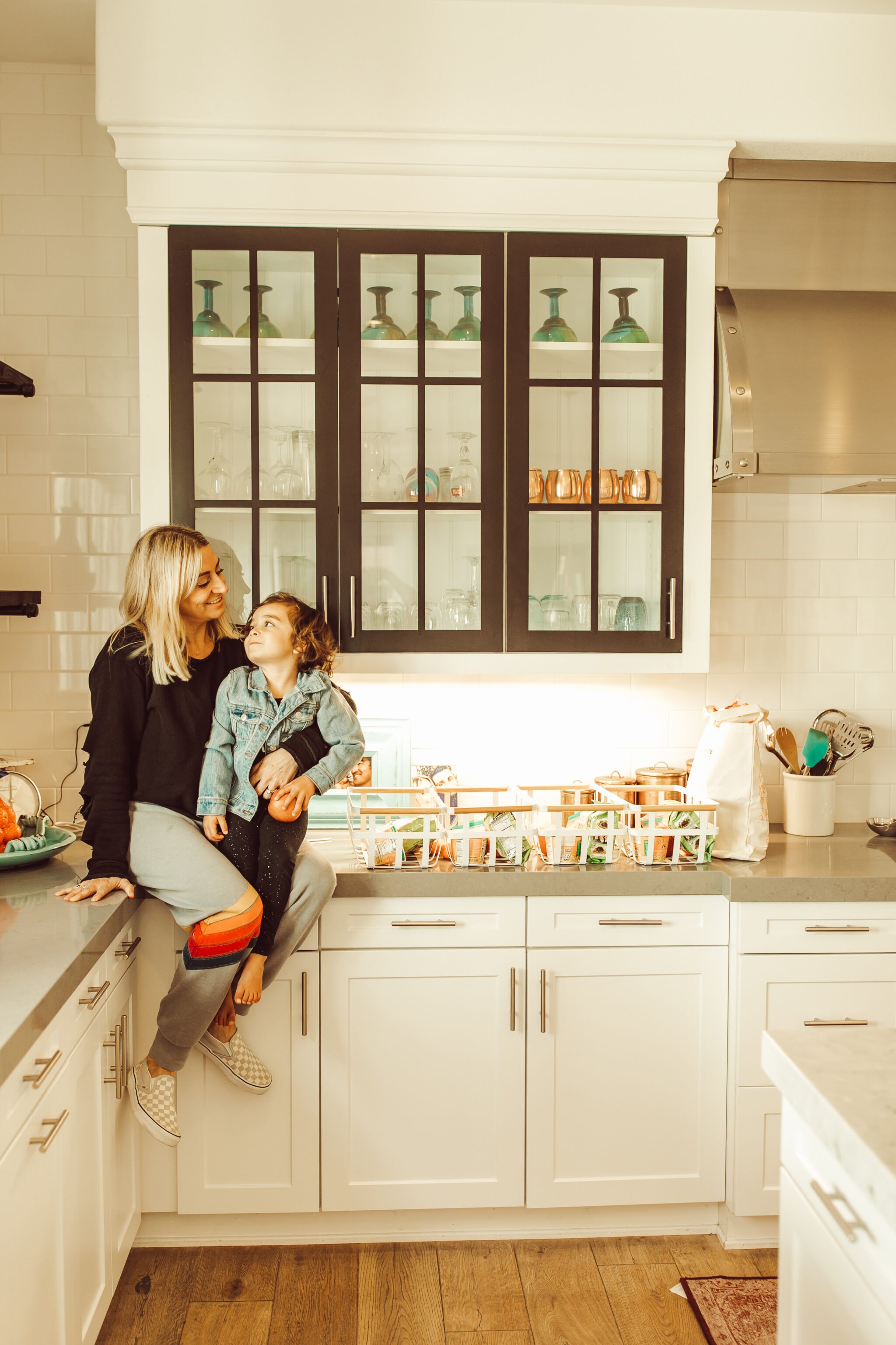 mom and son in kitchen