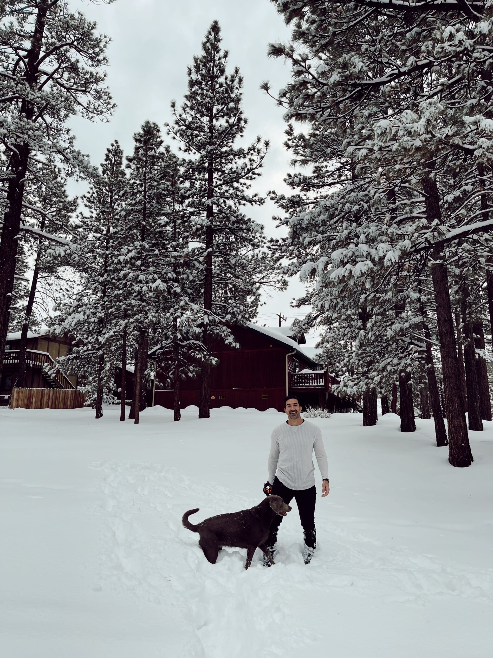 man and dog in the snow