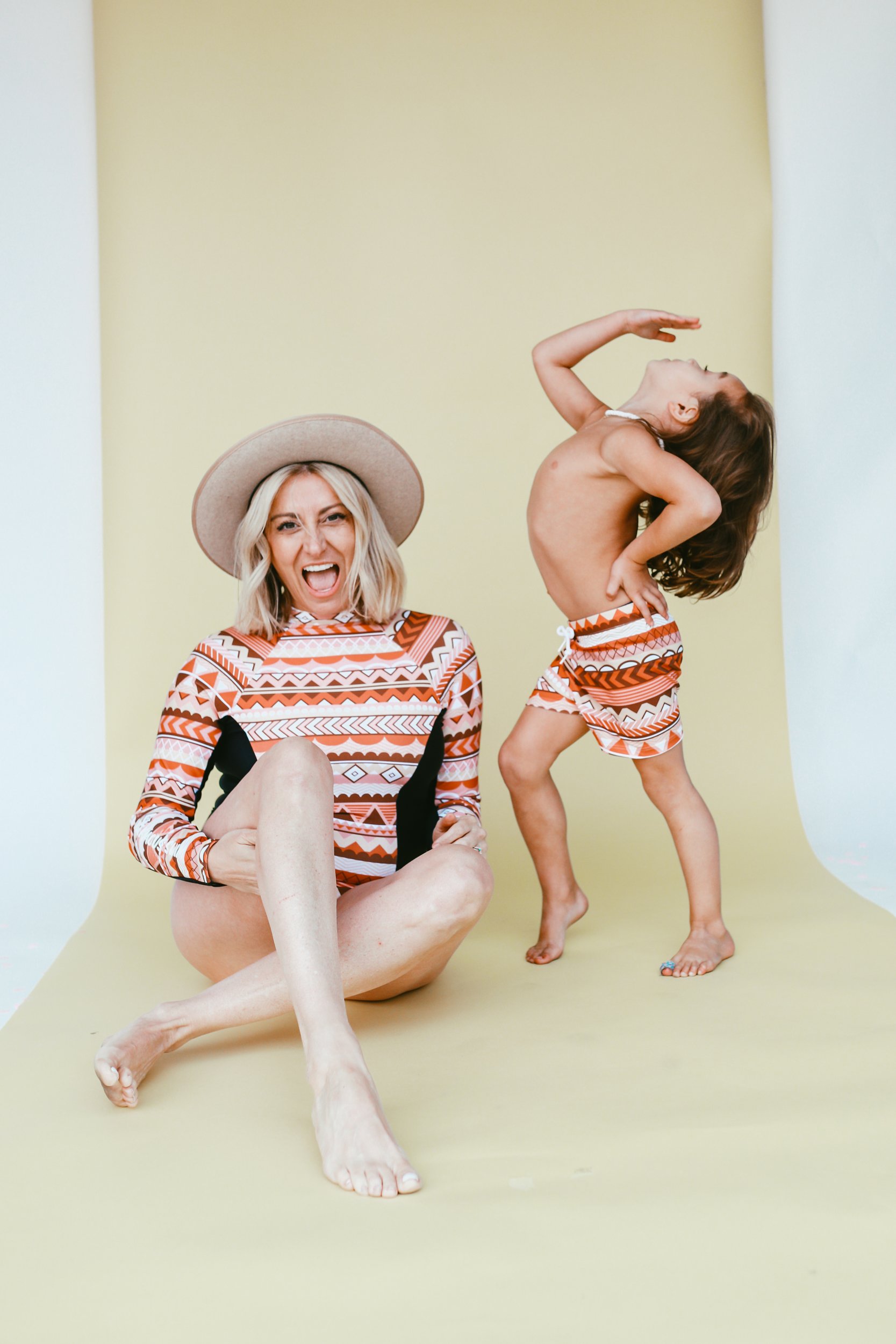 mom and son in matching bathing suits