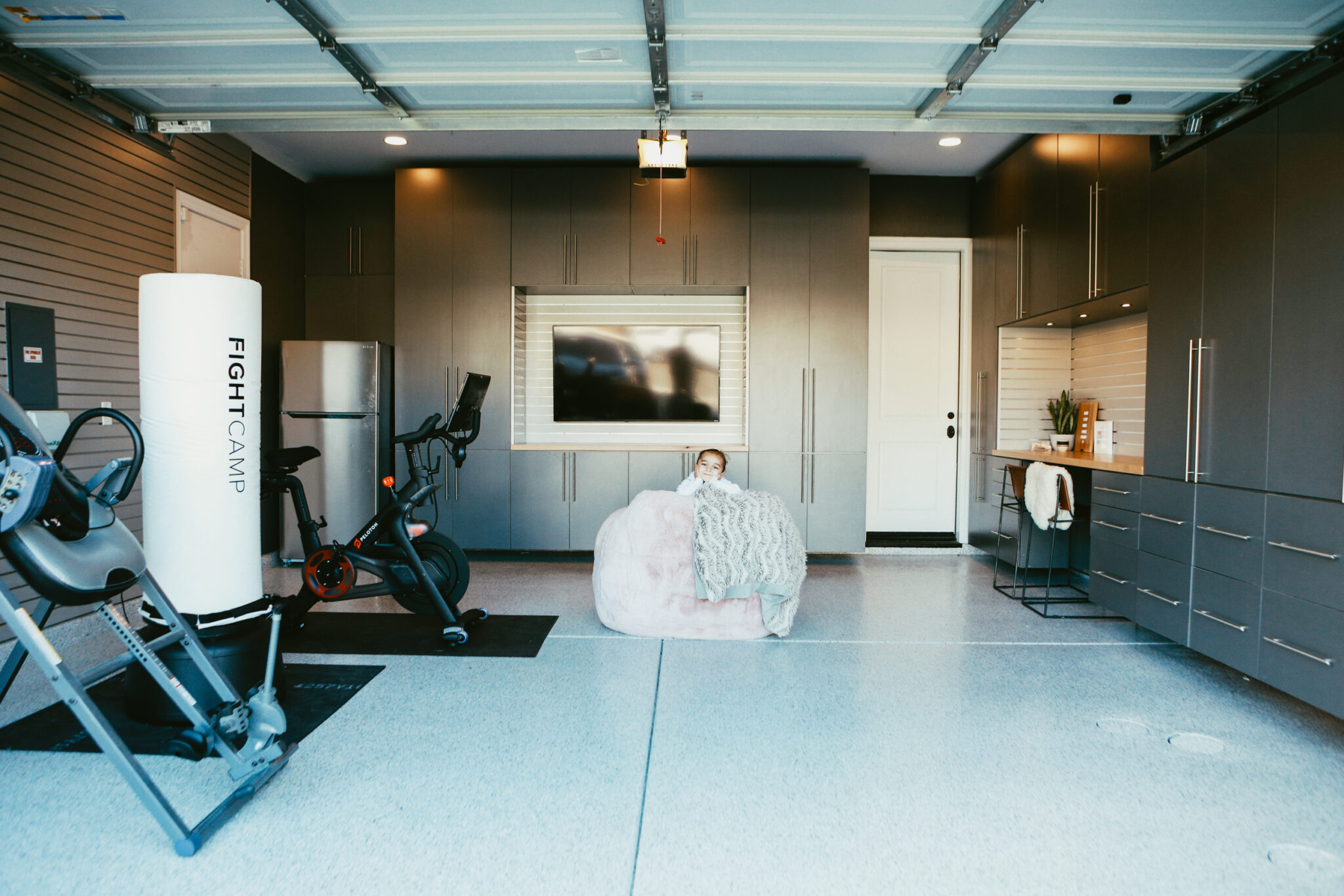 toddler in garage room