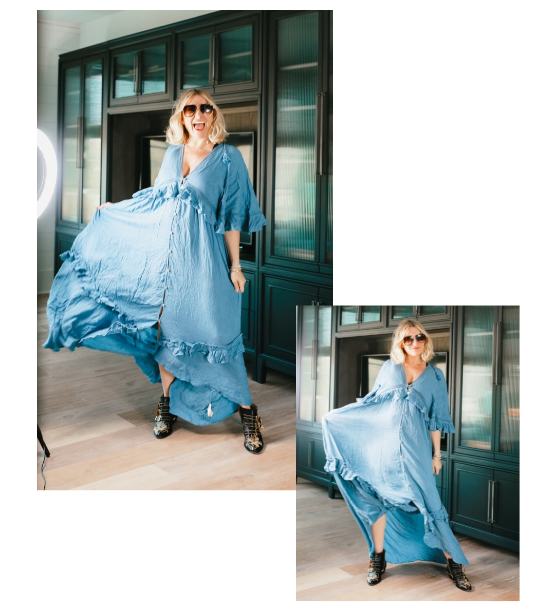 woman in blue maxi dress