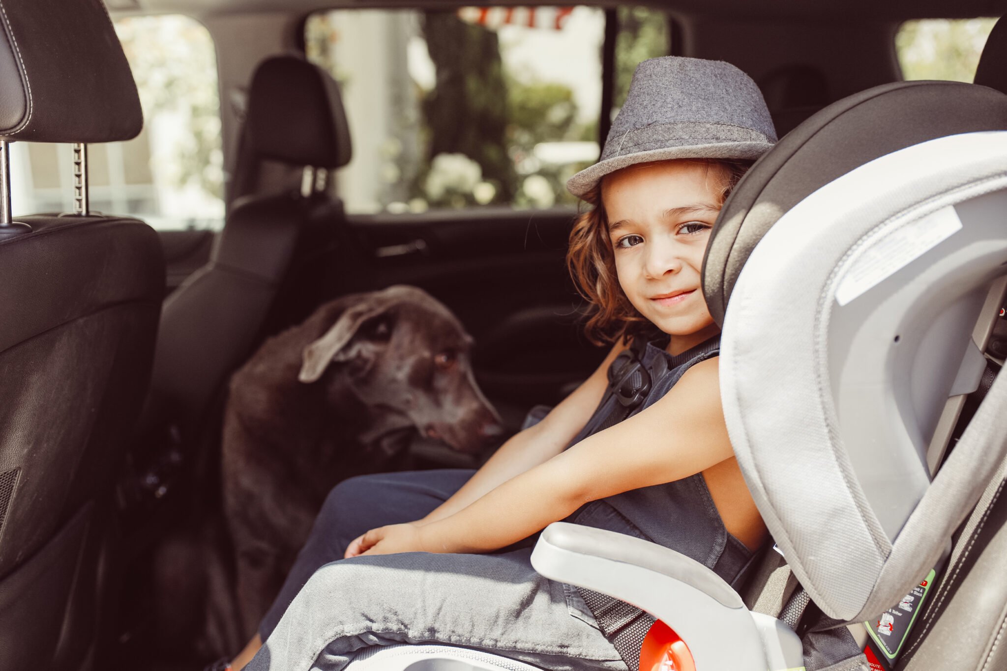 toddler in car seat with dog