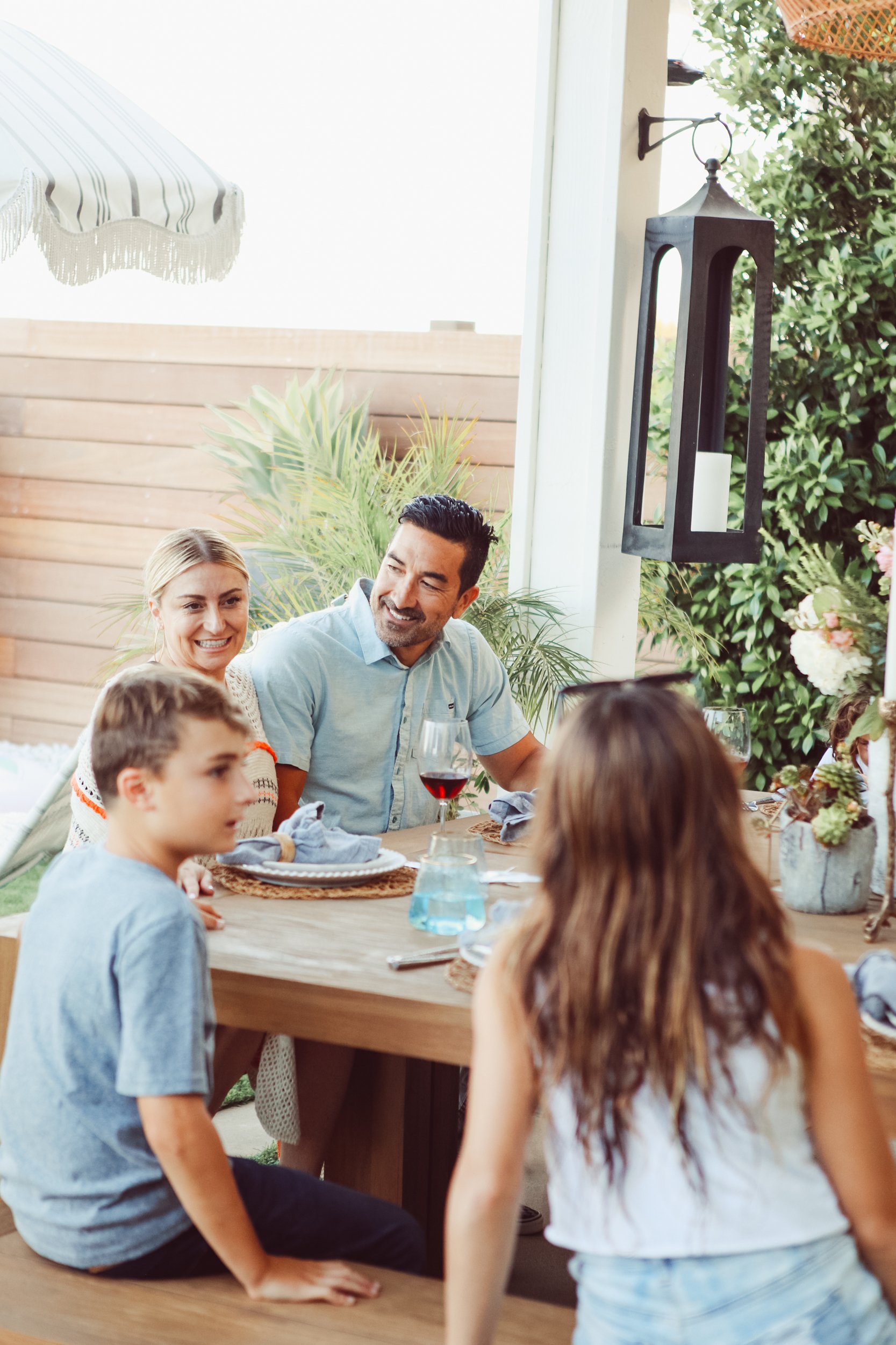 family eating dinner outside