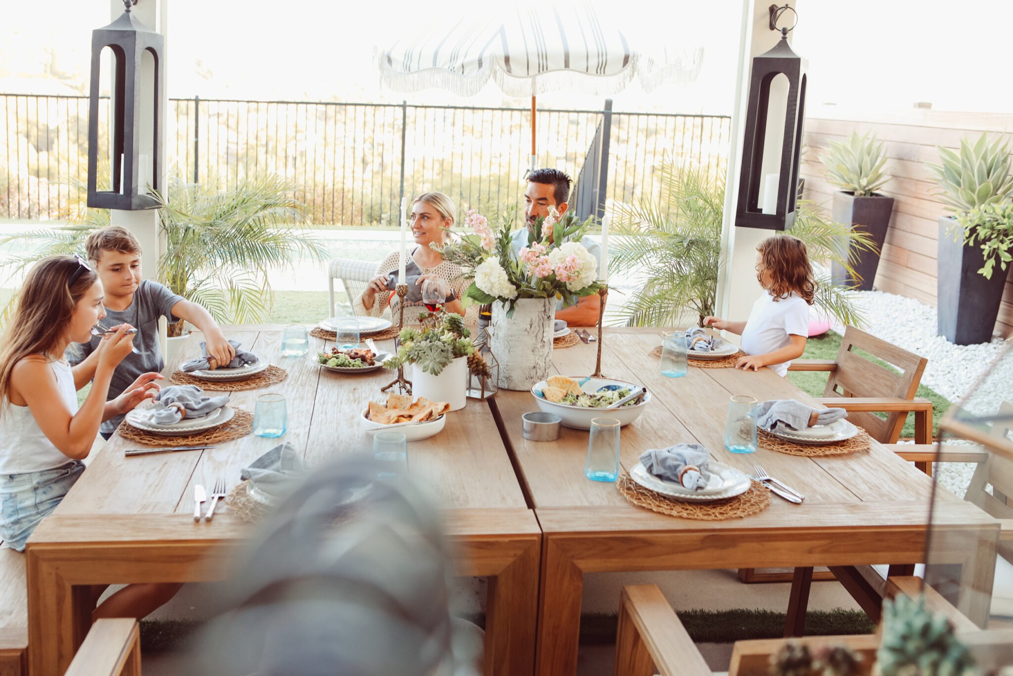 family on outdoor patio