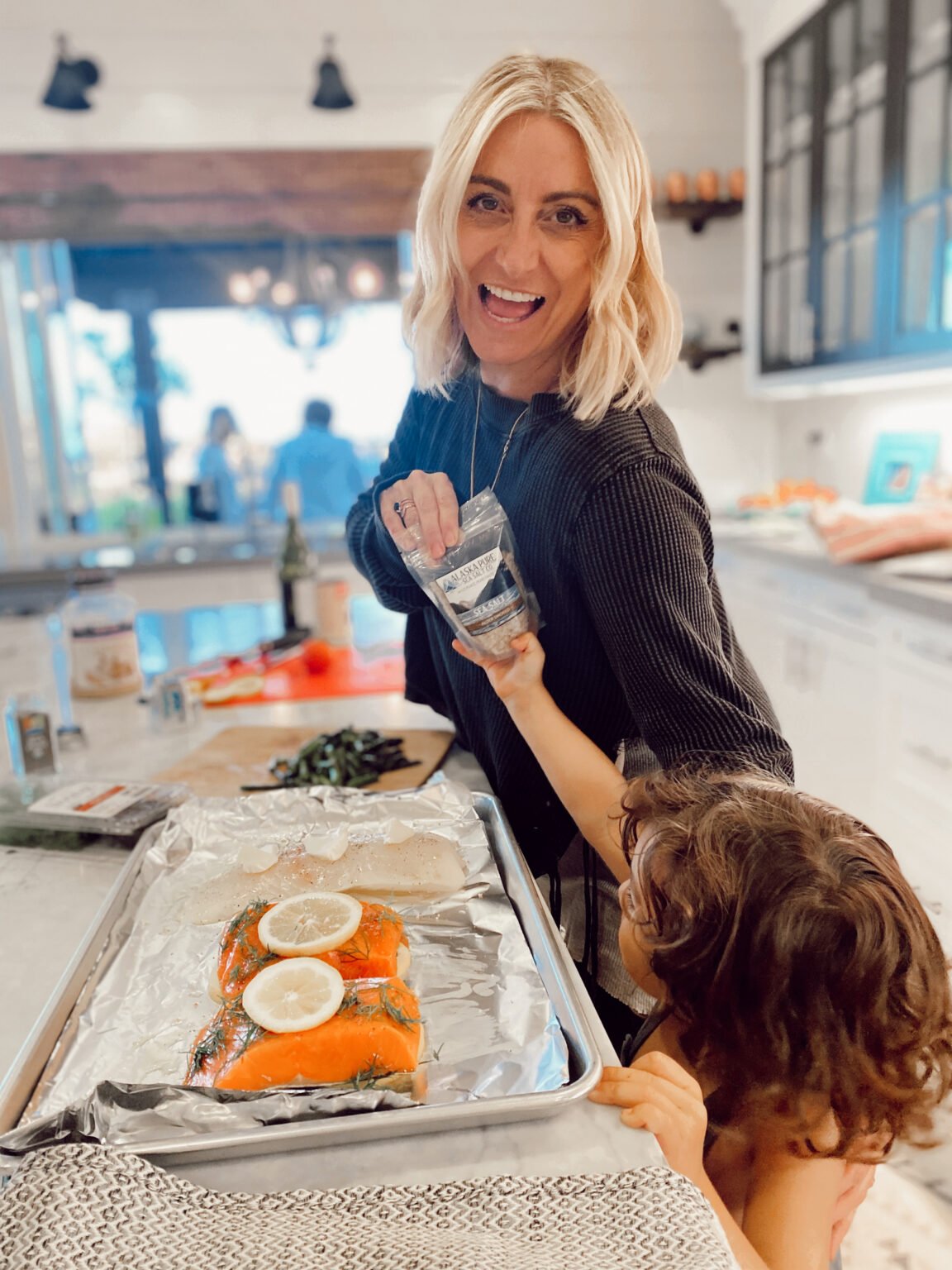 mom and son cooking in the kitchen