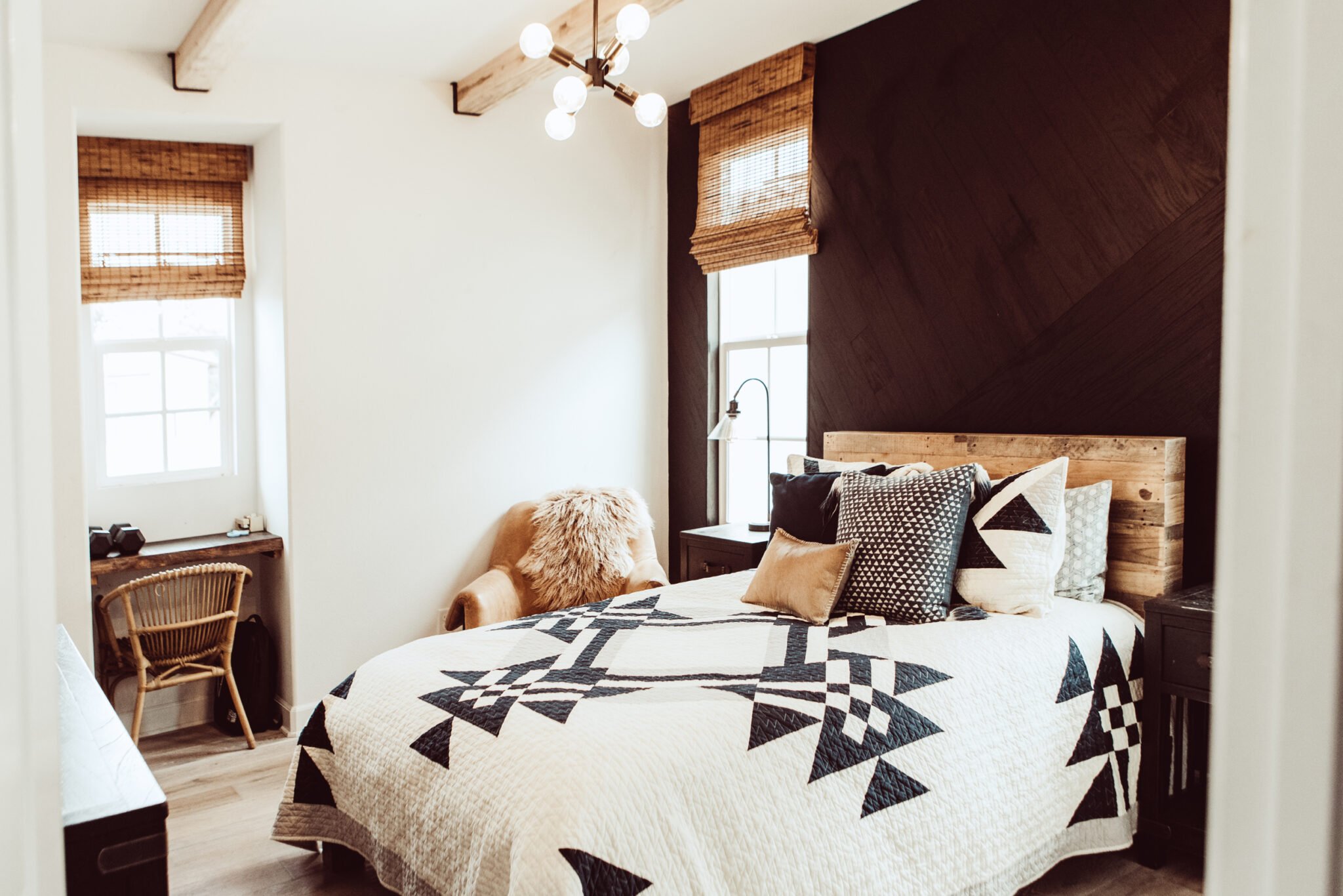 bedroom with stikwood feature wall