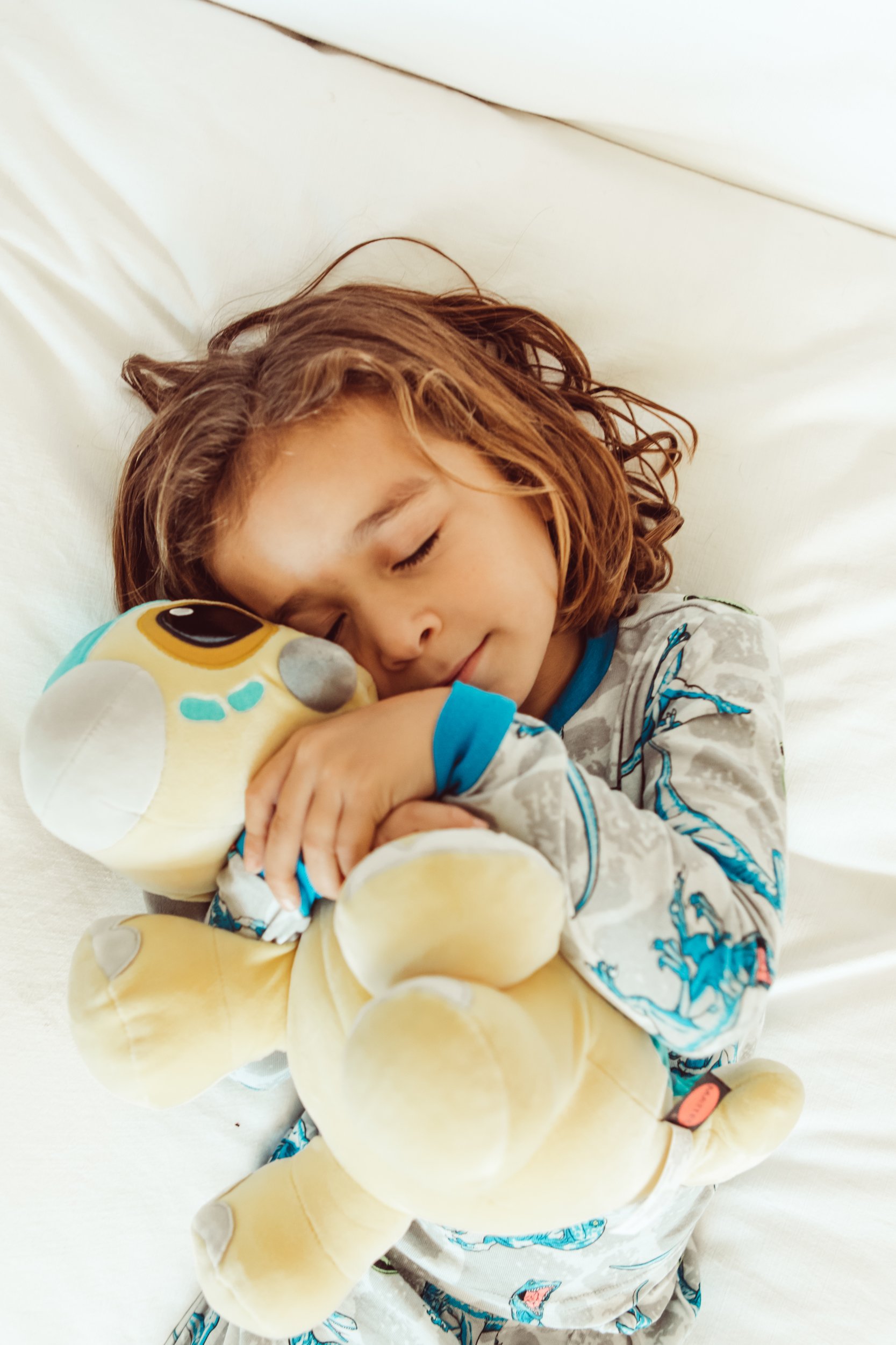 toddler asleep with stuffed dinosaur