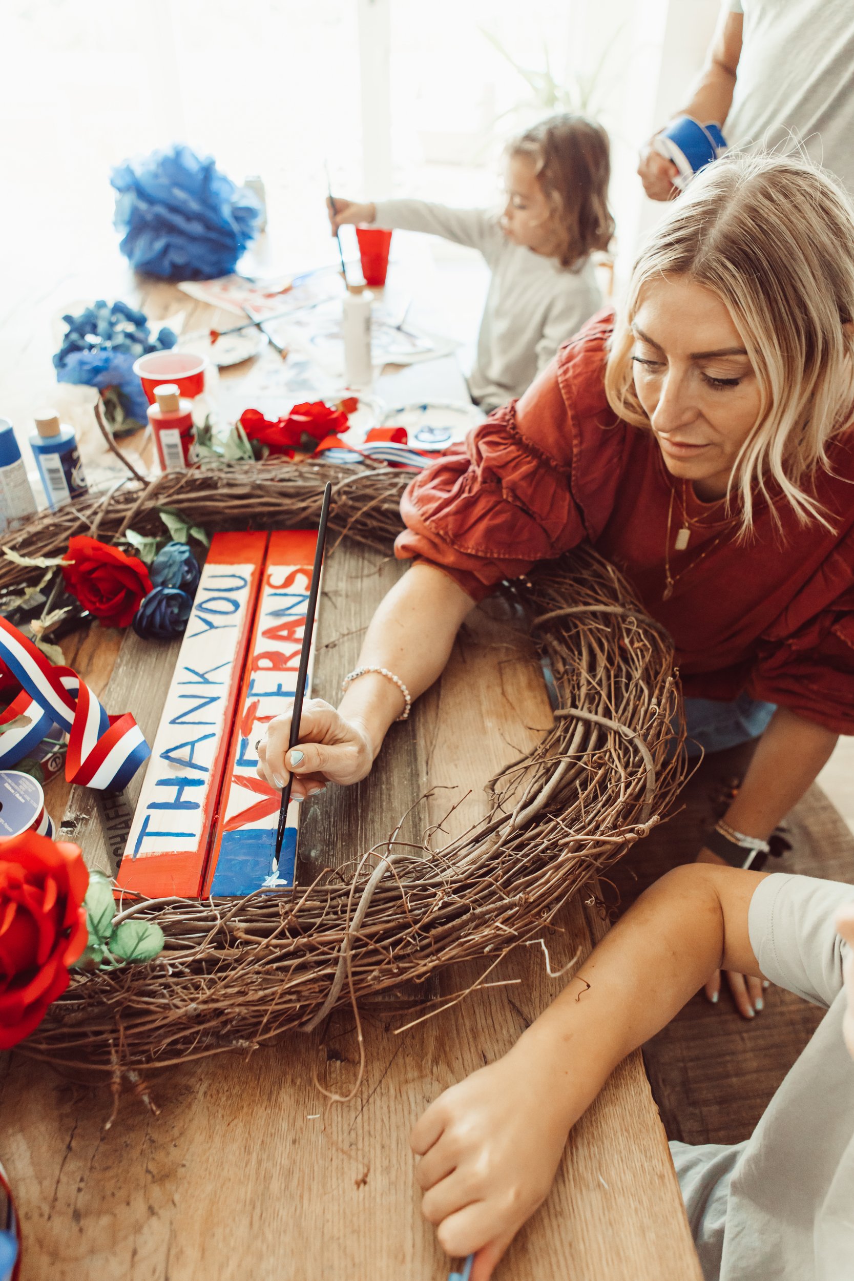 mom and kids crafting