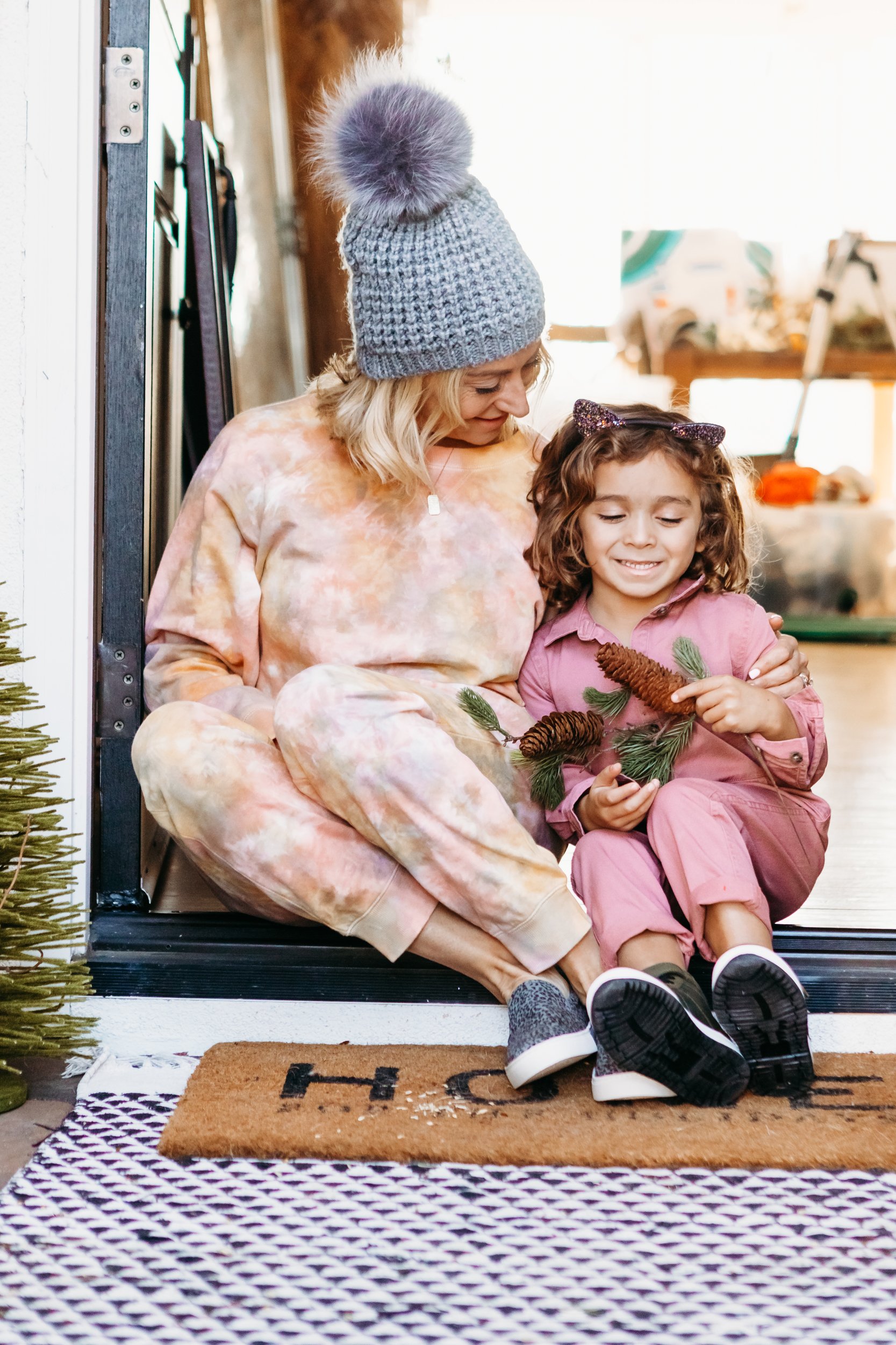 mom and toddler in winter clothes