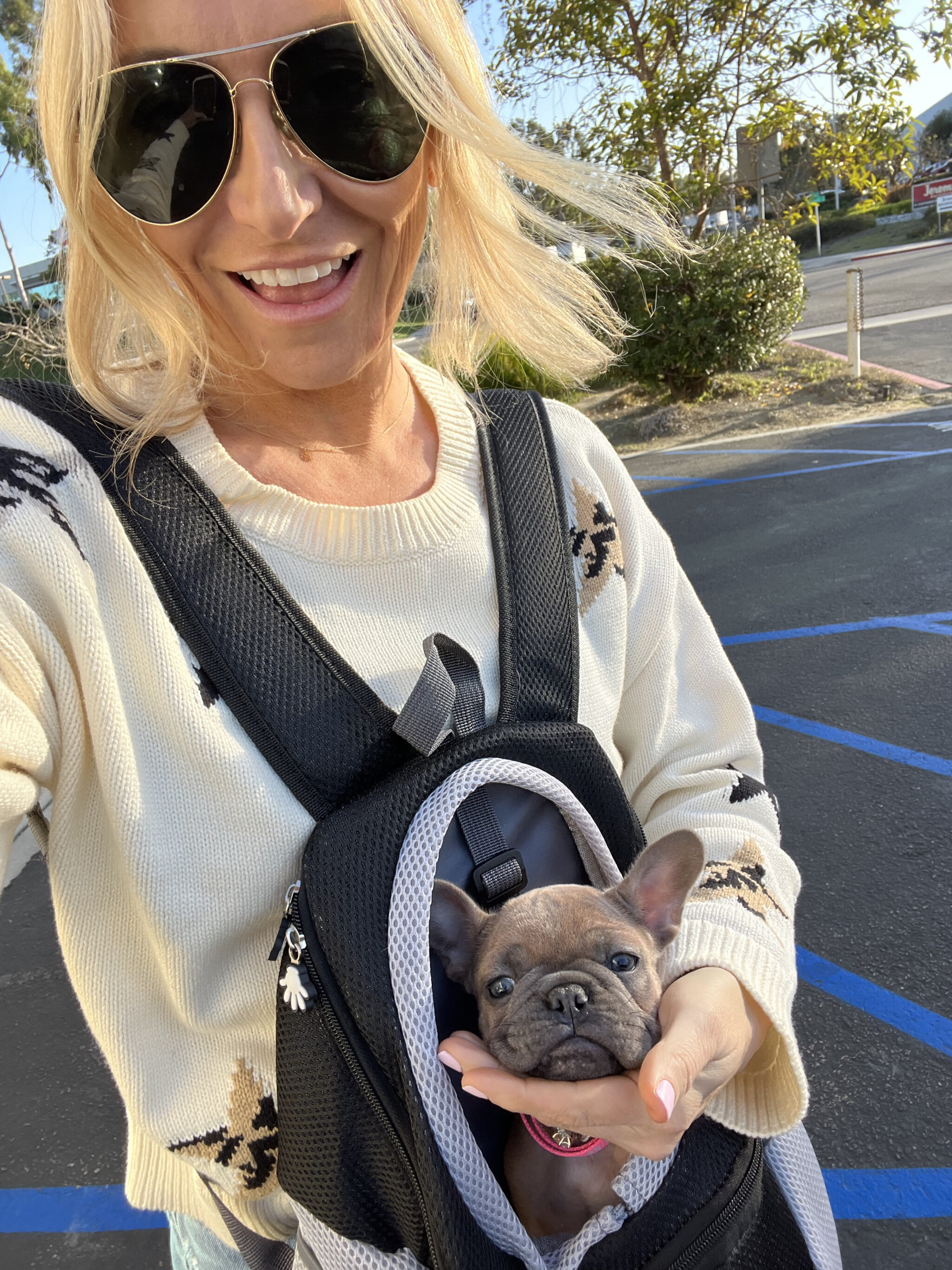 woman with puppy in backpack