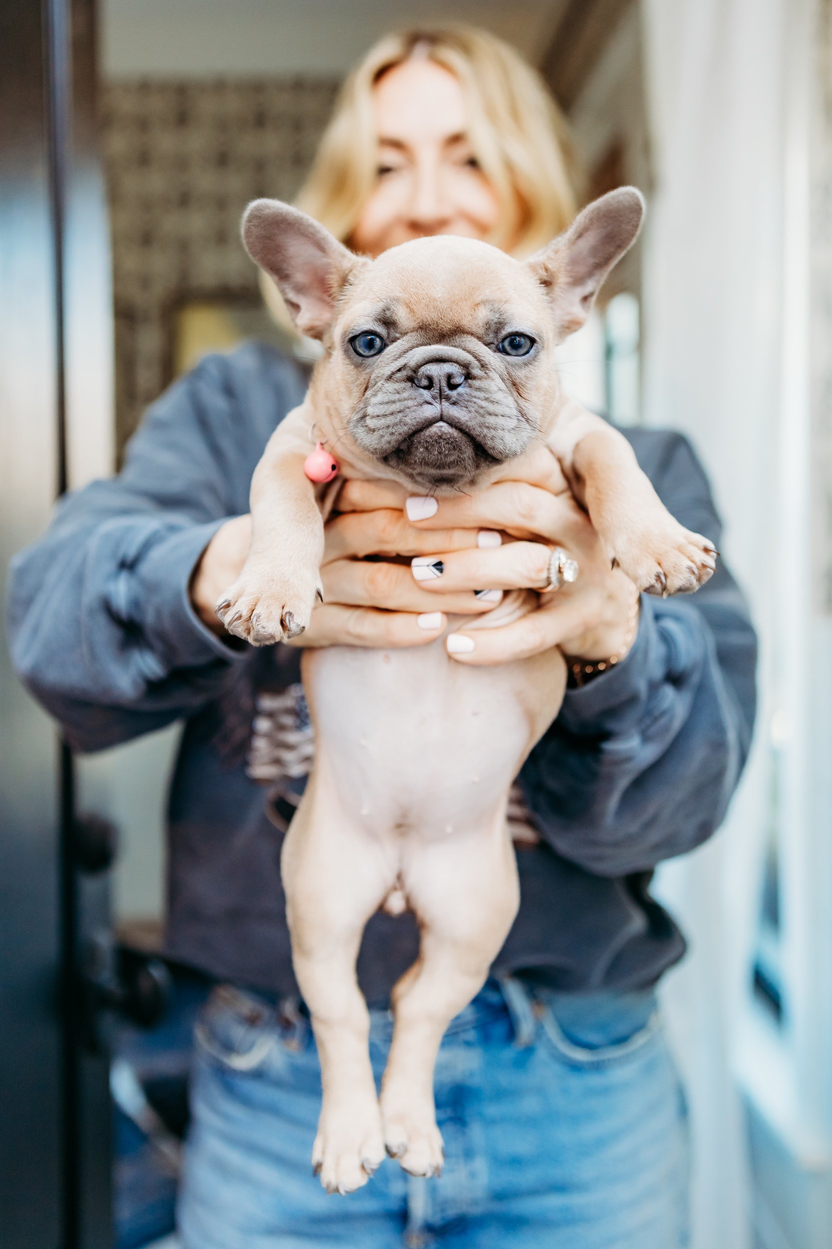 woman holding up puppy