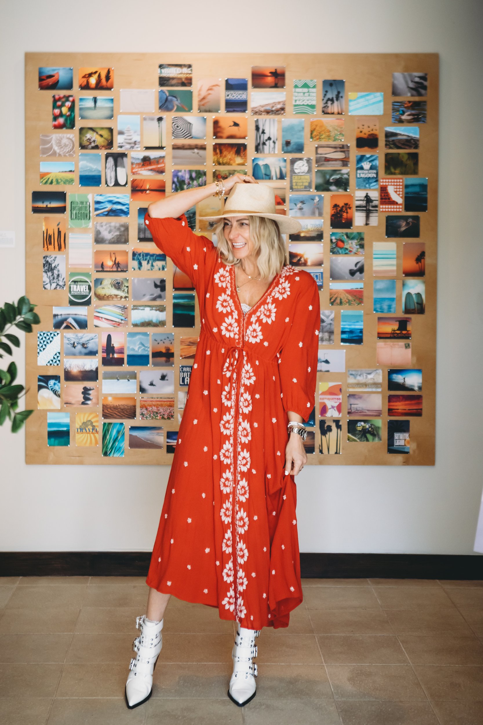 woman in a red dress