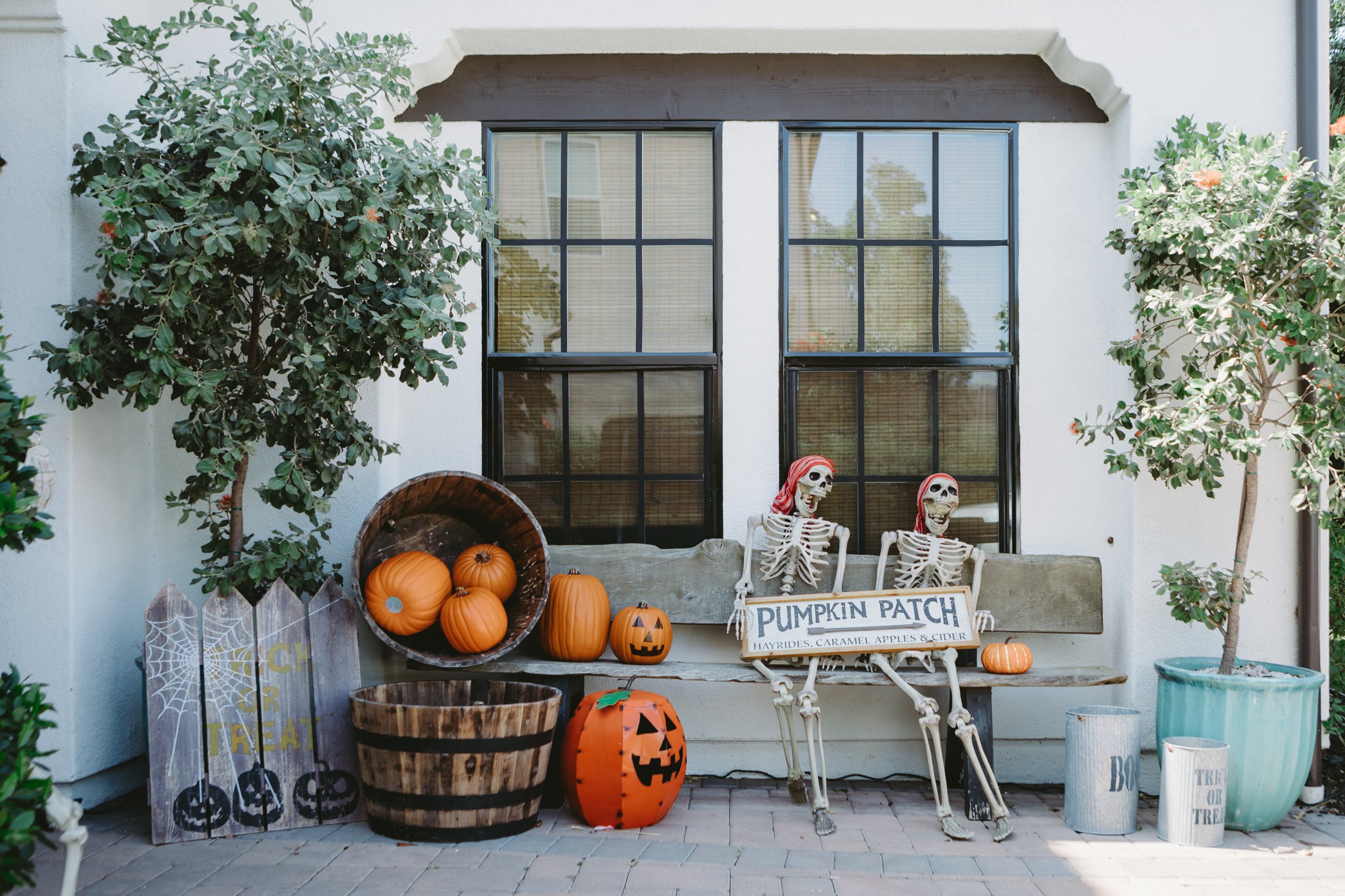 halloween skeletons on porch