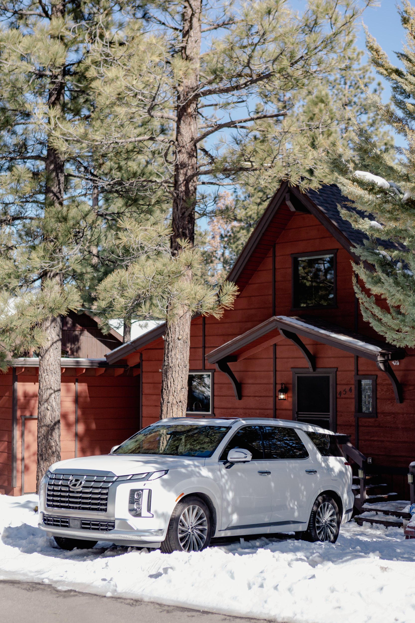 suv parked by cabin