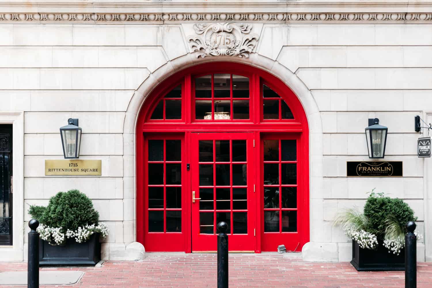 The famous red doors of The Franklin on Rittenhouse, a Boutique Hotel in Philadelphia. 