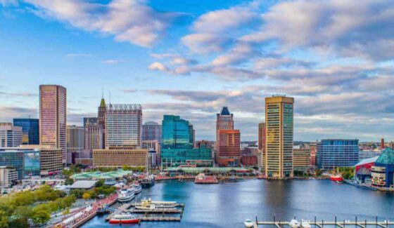 Baltimore harbor with a blue sky