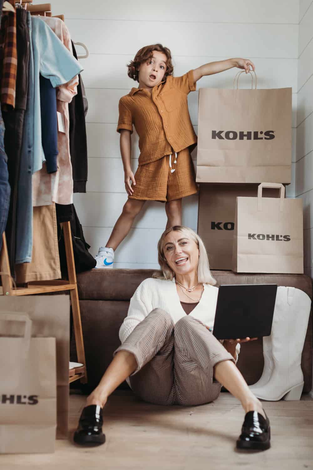 woman and boy in closet